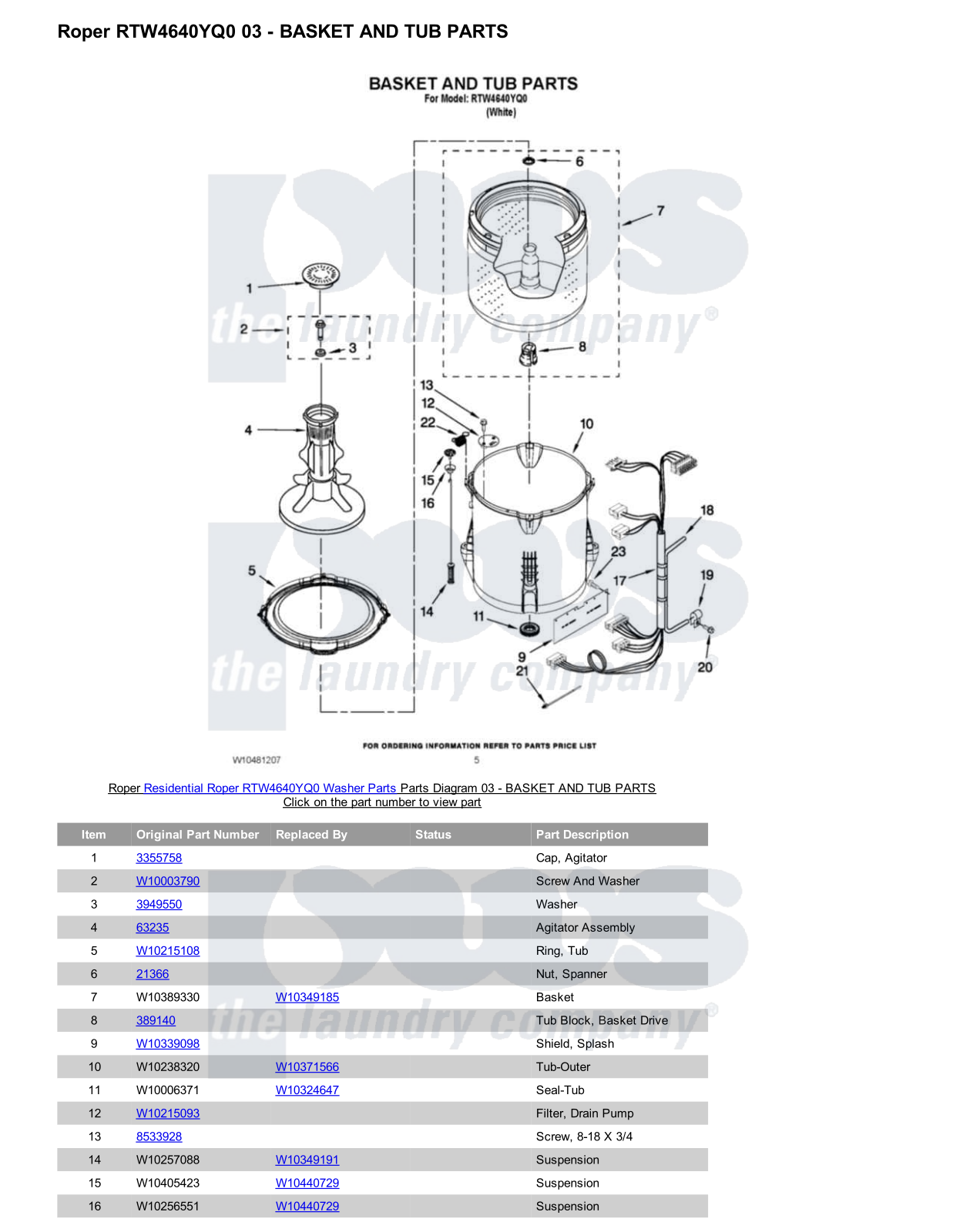 Roper RTW4640YQ0 Parts Diagram