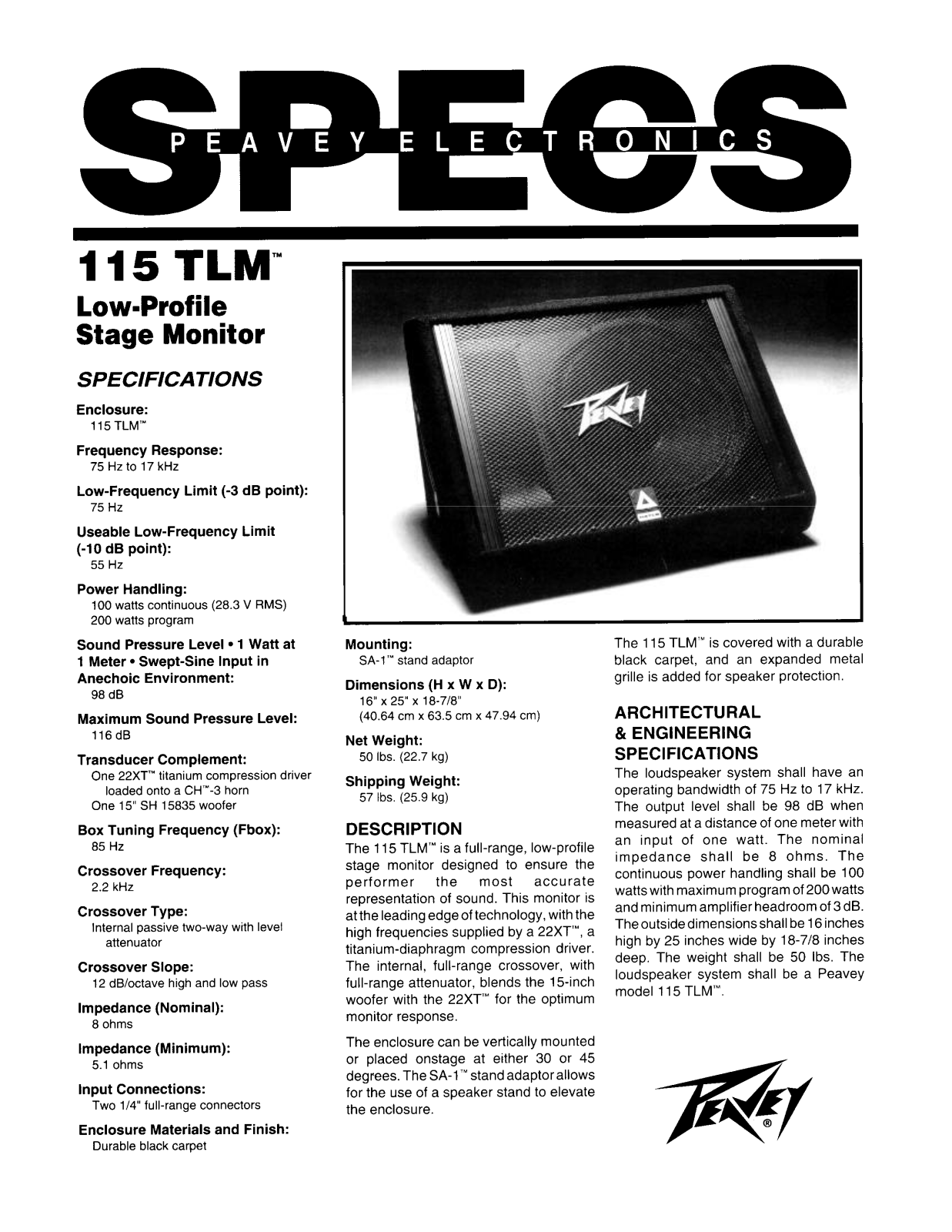 Peavey 115 TLM DATASHEET