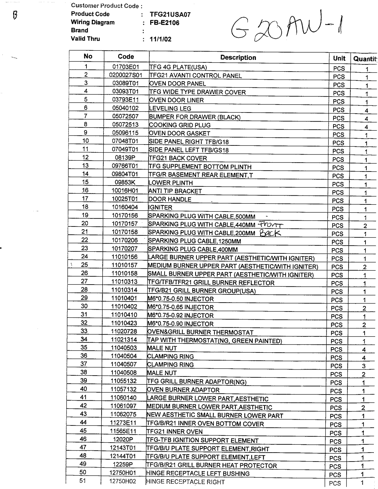 Avanti G20AW-1 Parts List