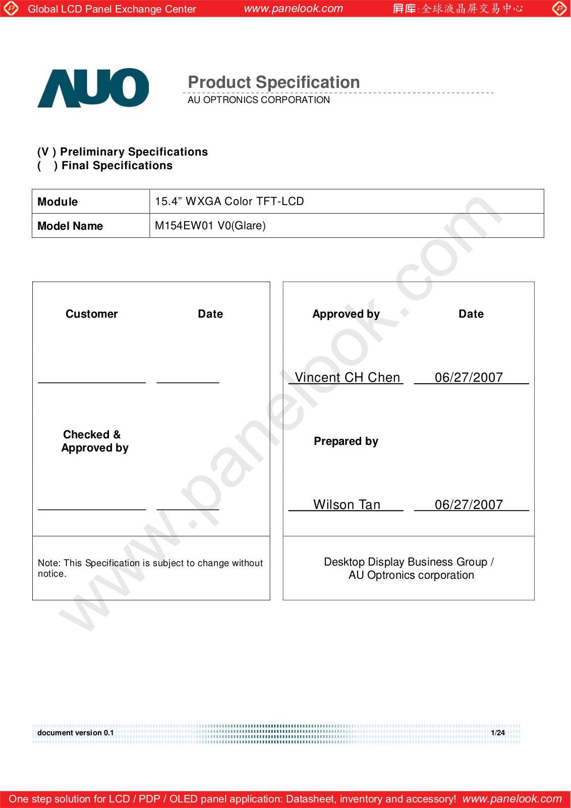 AUO M154EW01 V0 Specification