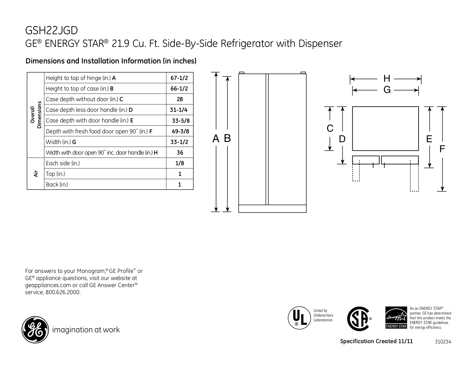 GE GSH22JGDCC, GSH22JGDWW, GSH22JGDBB Specification Sheet