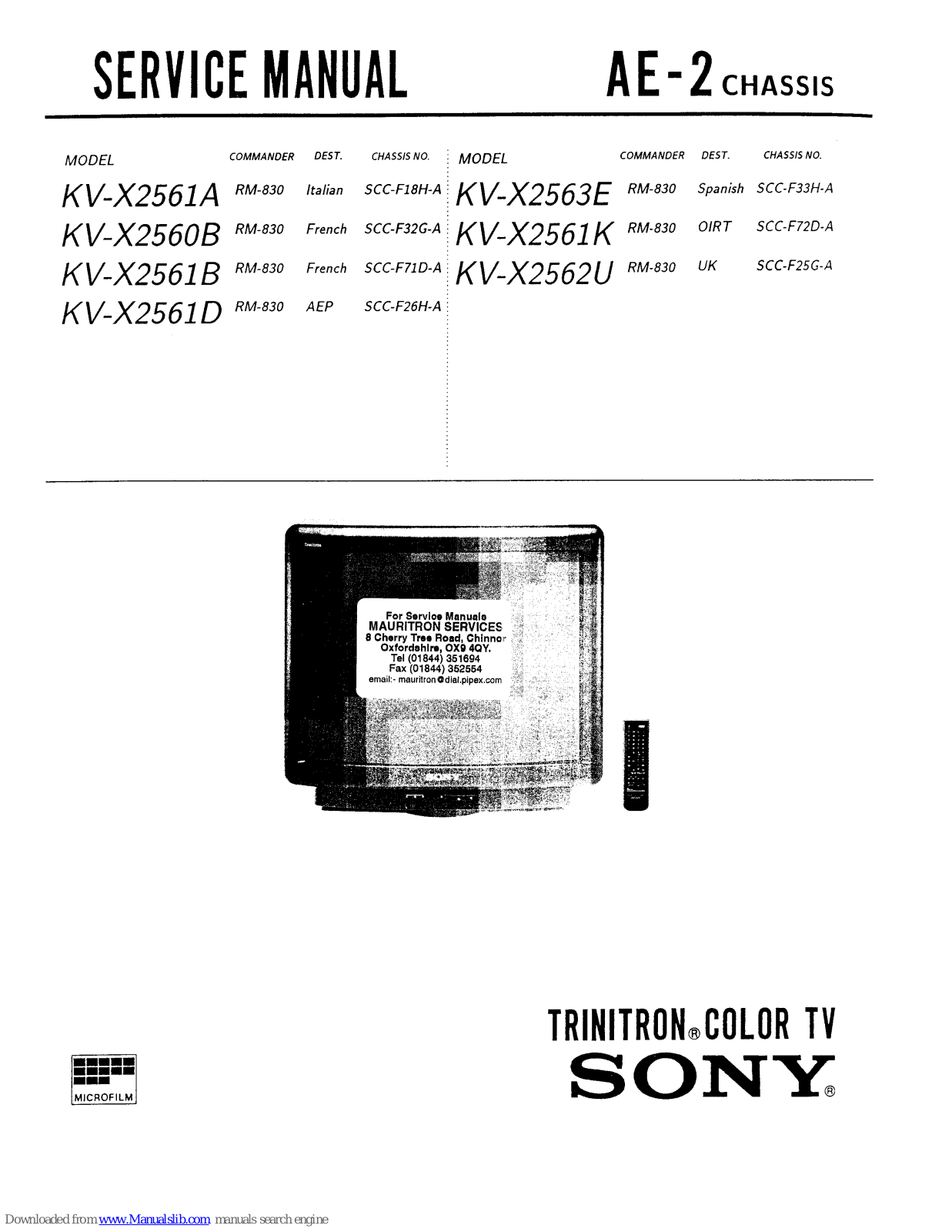 Sony KV-X2561A, KV-X2560B, KV-X2561B, KV-X2561D, KV-X2563E Service Manual