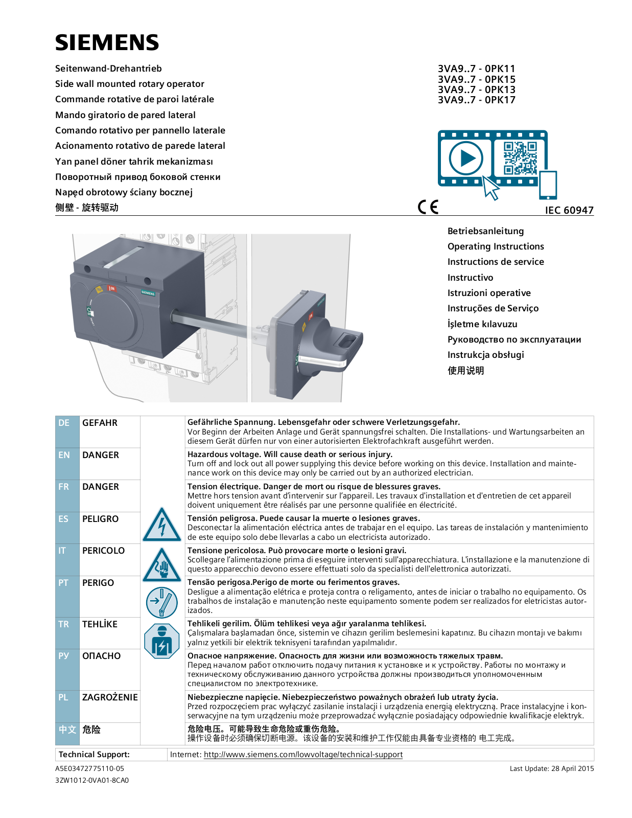 Siemens 3VA9157-0PK15, 3VA9257-0PK13, 3VA9157-0PK17, 3VA9257-0PK11, 3VA9257-0PK15 Operating Instructions Manual