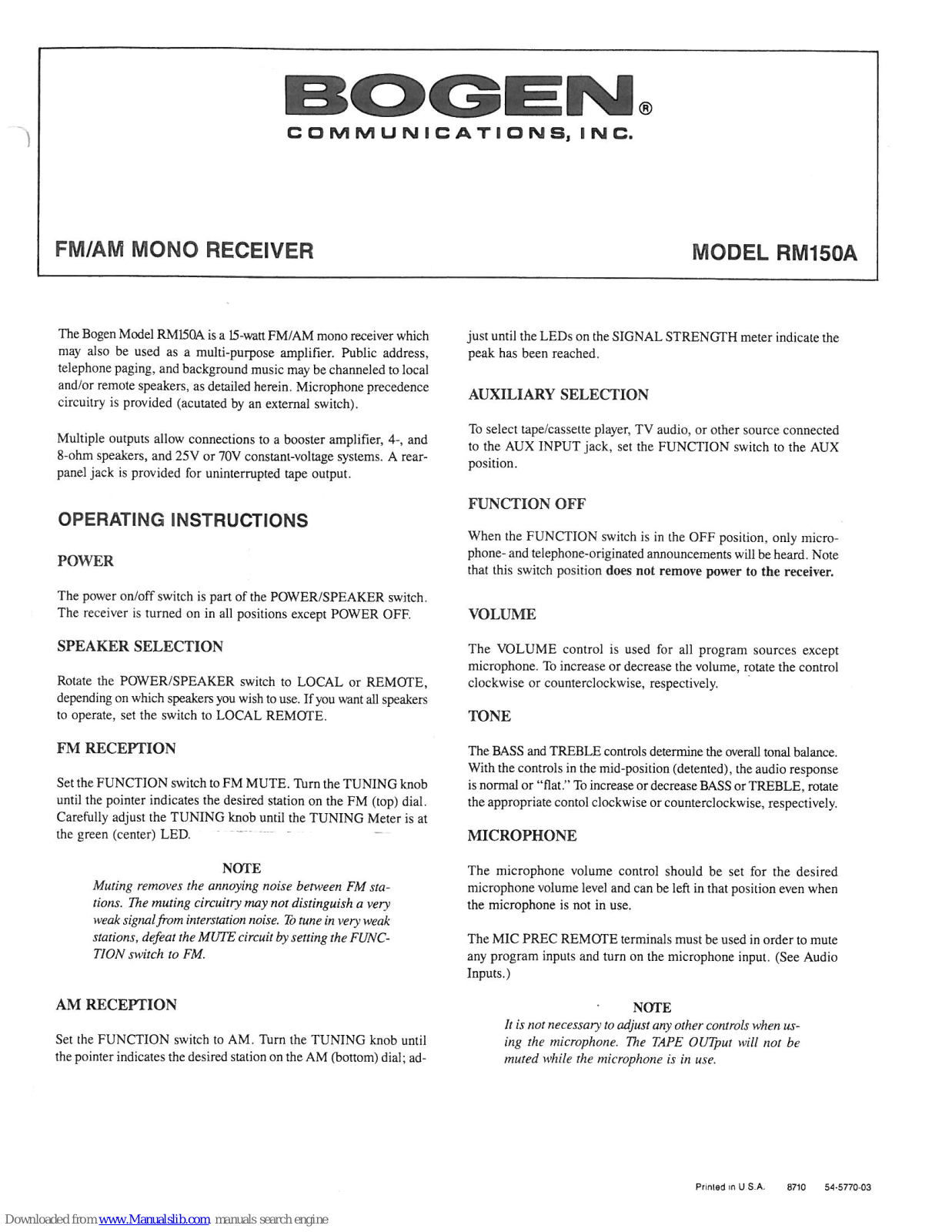 Bogen RM150A Operating Instructions Manual