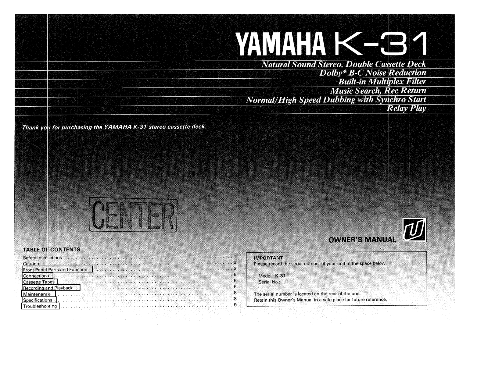 Yamaha K-31 Owner Manual