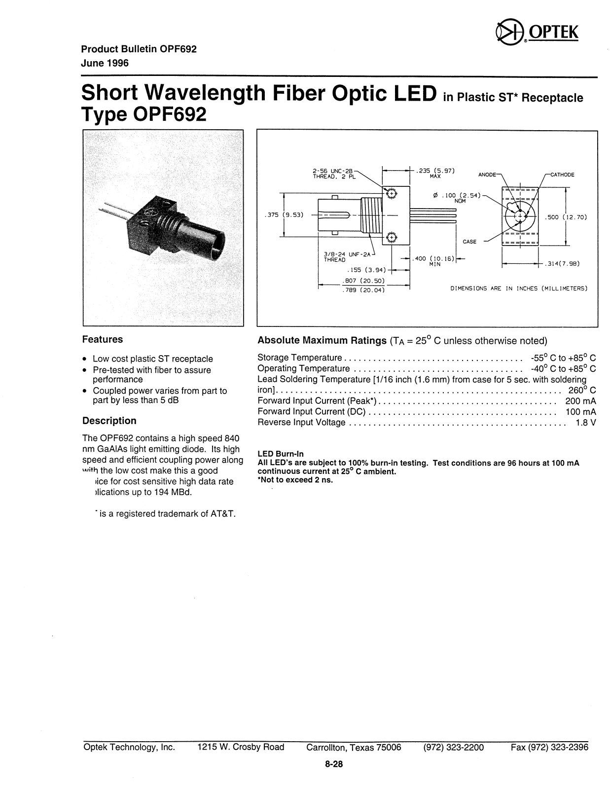 OPTEK OPF692 Datasheet