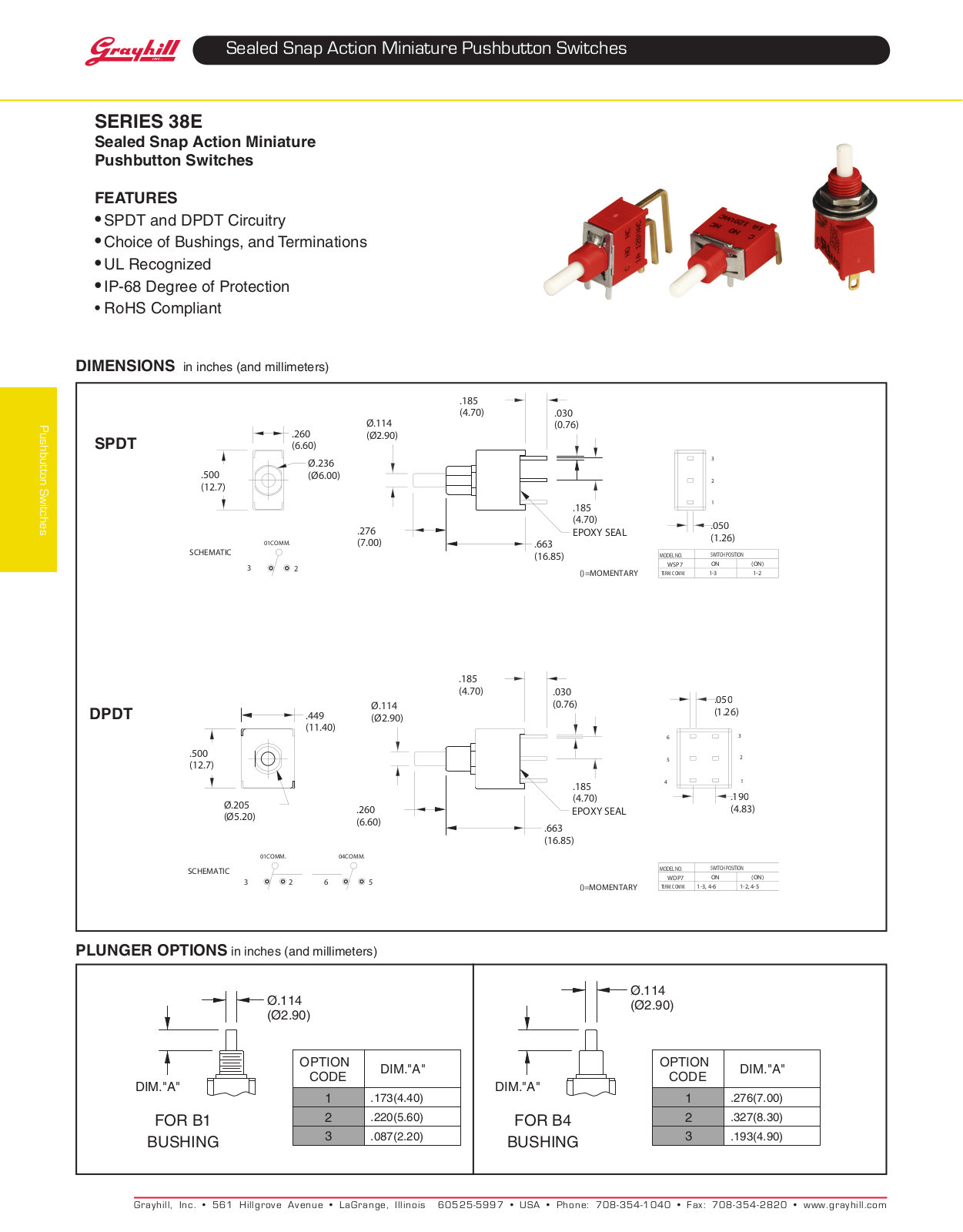 Grayhill Pushbutton switches Snap Action 38E User Manual