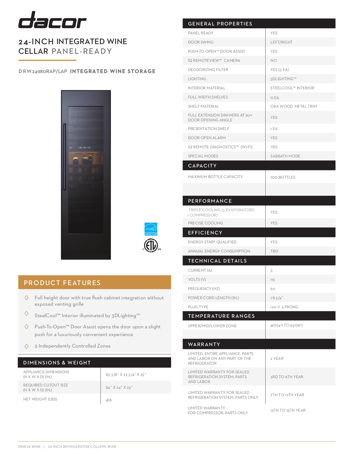 Dacor DRW24980LAP Specs