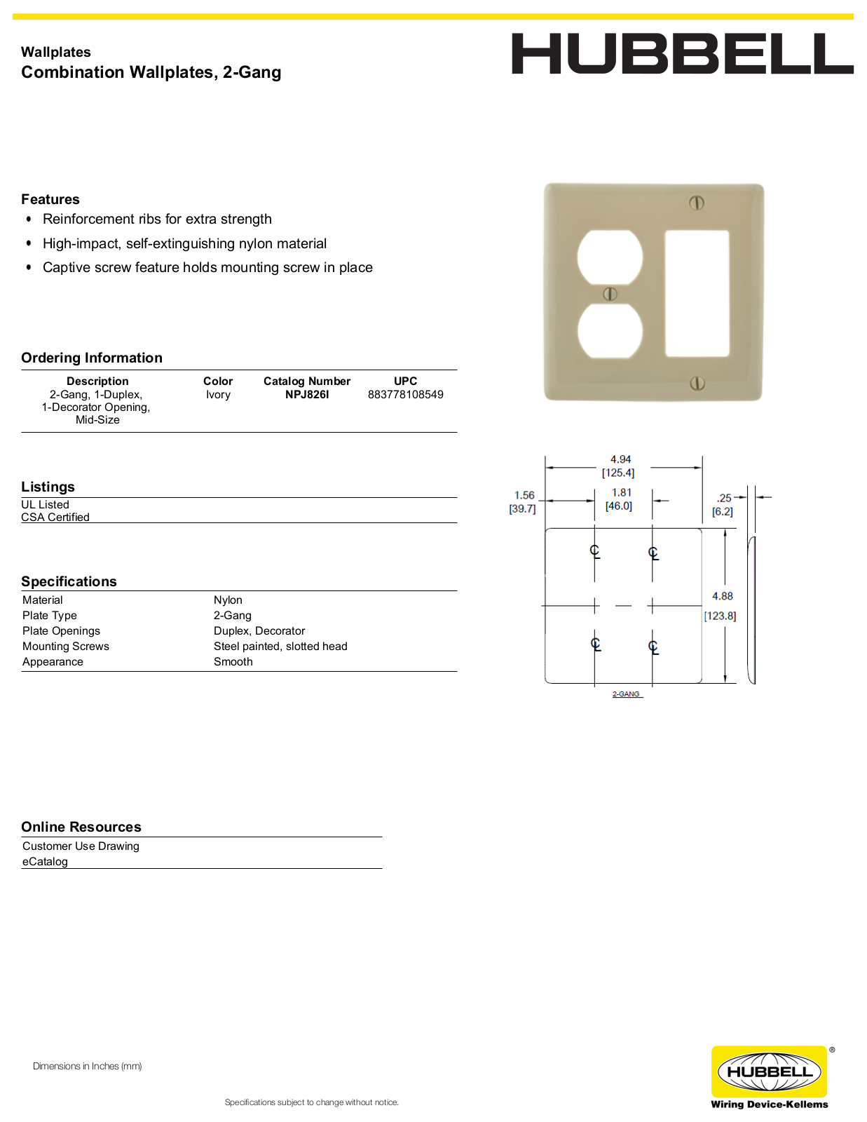 Hubbell NPJ826I Specifications