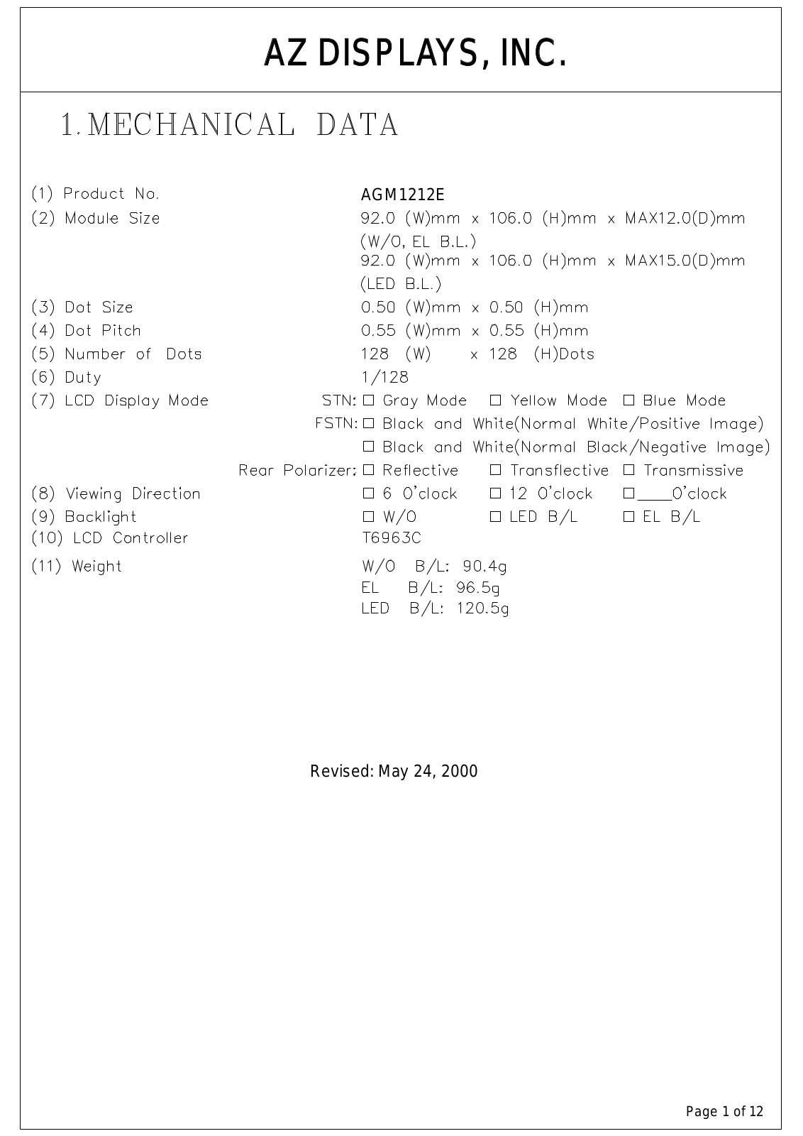 AZDIS AGM1212E-RLYTW-T, AGM1212E-RLYTS-T, AGM1212E-RLYTH-T, AGM1212E-RLYTD-T, AGM1212E-RLYBW-T Datasheet