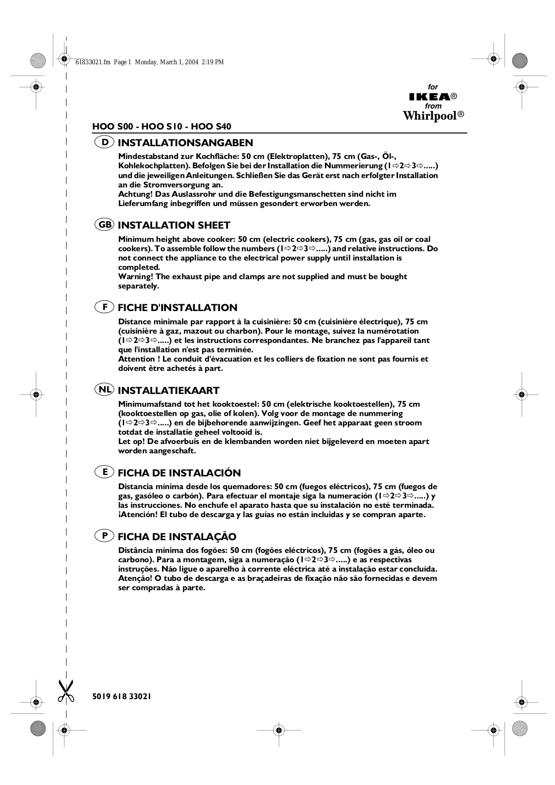 Whirlpool HOO S10 S, HOO S40 S INSTRUCTION FOR USE