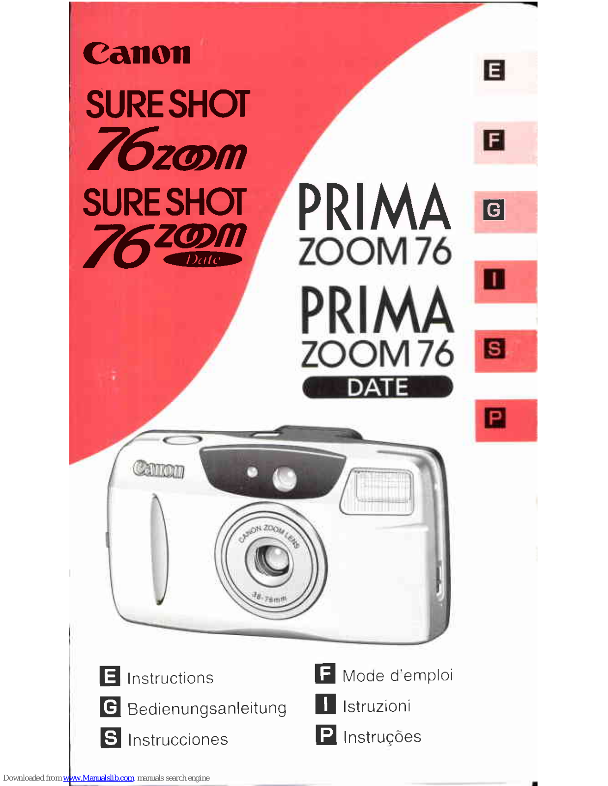 Canon Sure Shot 76 Zoom, Sure Shot 76 Zoom Date, Prima Zoom 76 Date Instructions Manual