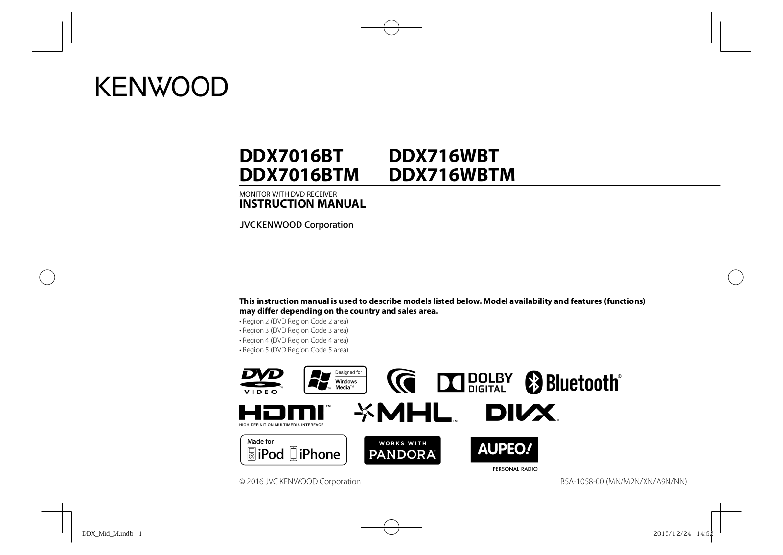 Kenwood DDX716WBT, DDX7016BTM, DDX716WBTM, DDX7016BT User Manual