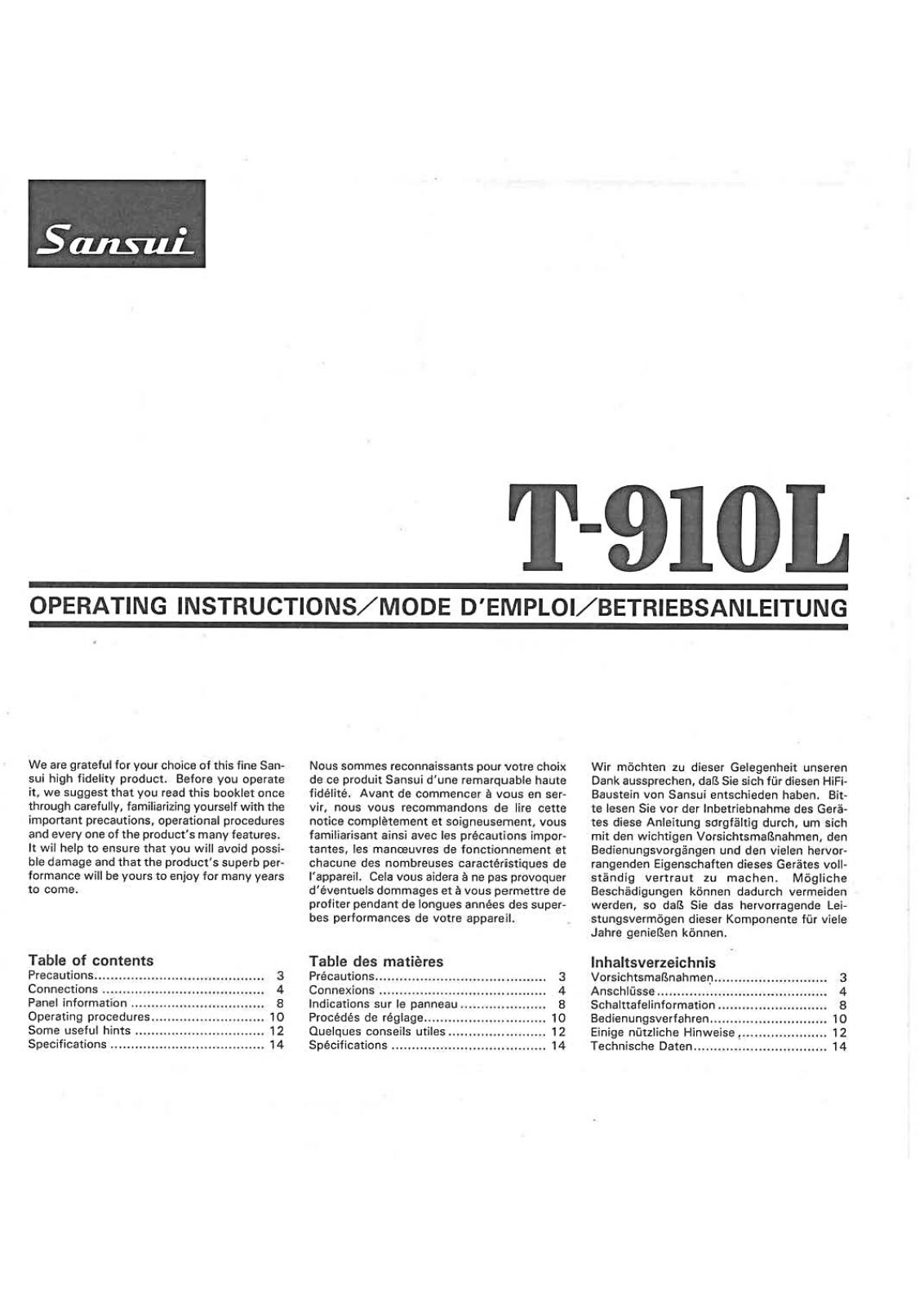 Sansui T-910-L Owners Manual