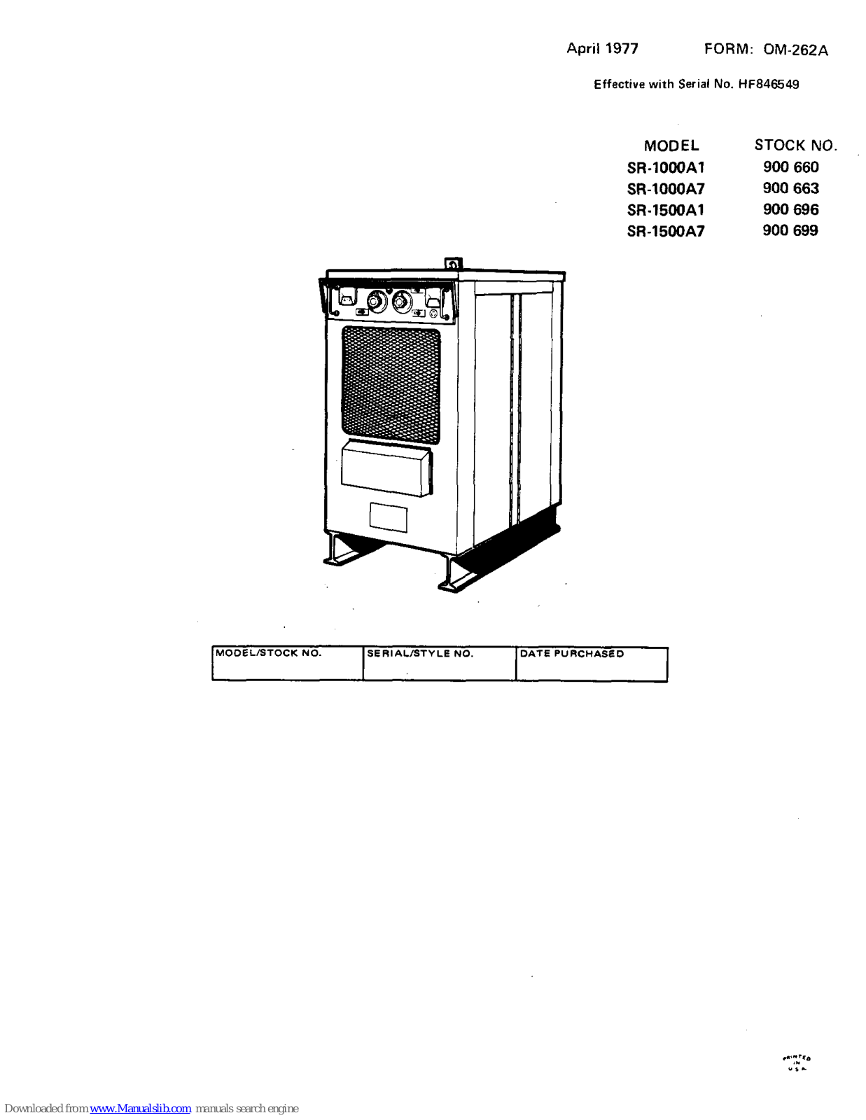 Miller Electric SR-1000A1, SR-1500A7, SR-1000A7, SR-1500A1 Owner's Manual