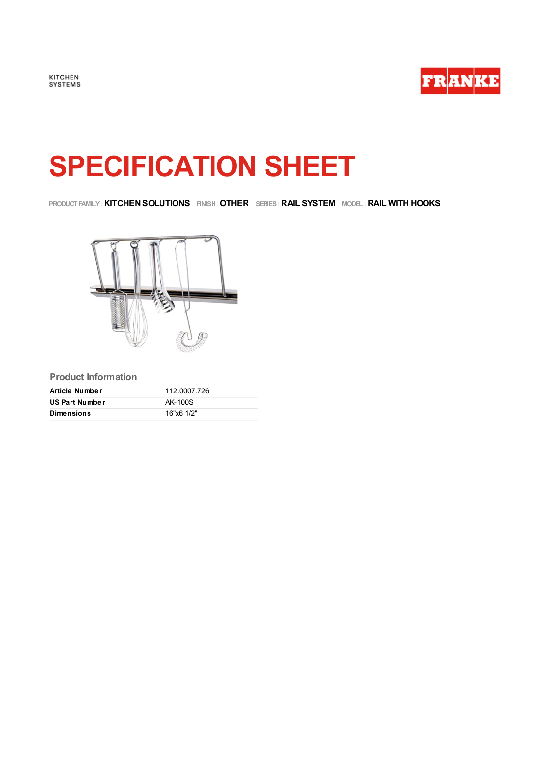 Franke Foodservice RAIL WITH HOOKS User Manual