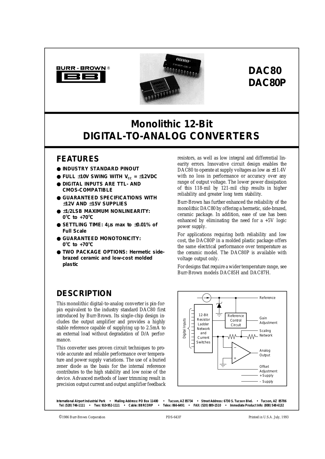 Burr Brown Corporation DAC85H-CBI-V, DAC85H-CBI-I, DAC87H-CBI-V, DAC80Z-CBI-V, DAC80P-CBI-V-BI Datasheet