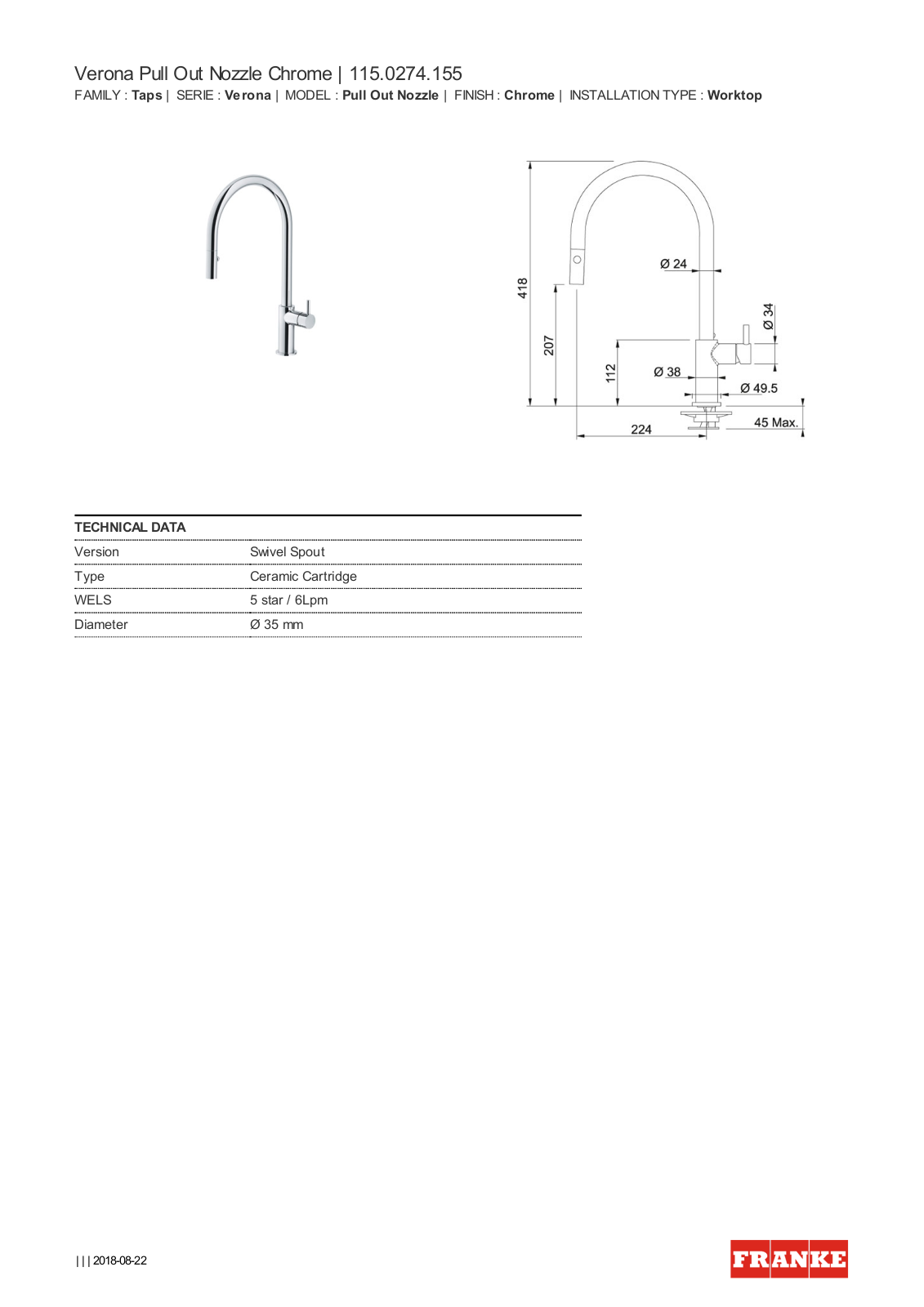 Franke TA7311 Specifications Sheet