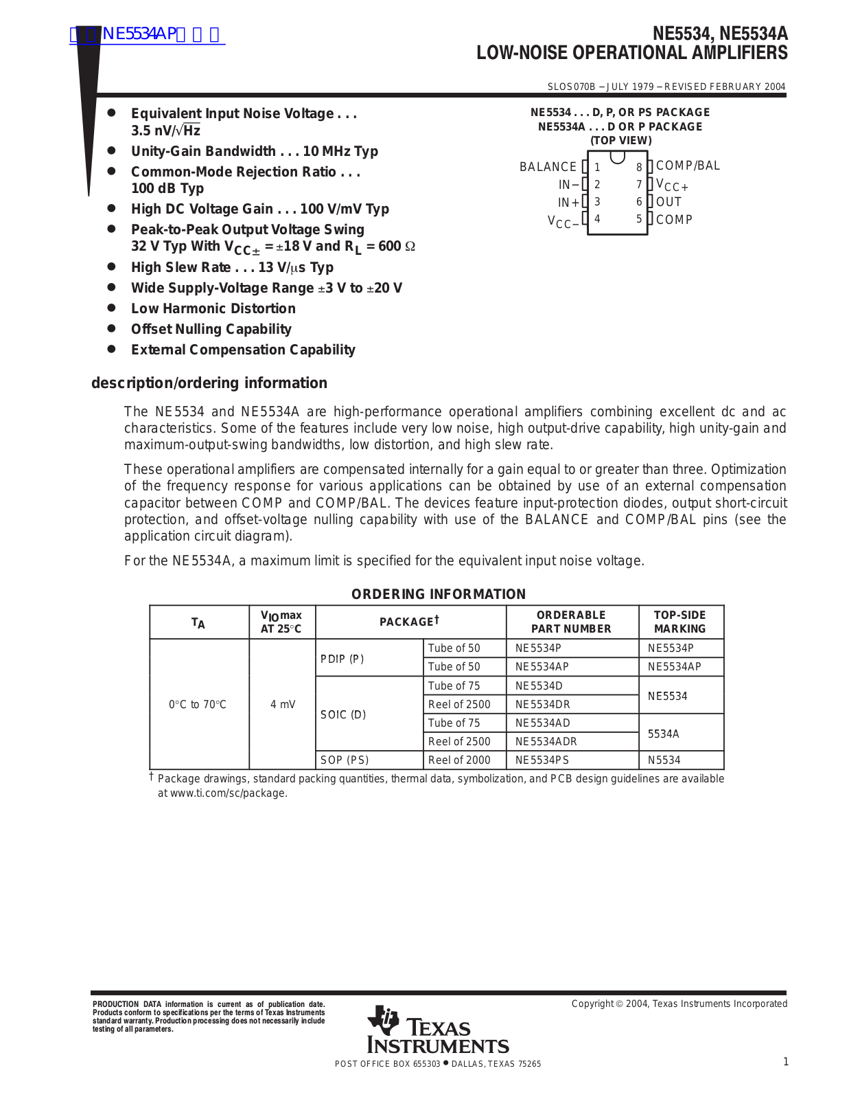 TEXAS INSTRUMENTS NE5534, NE5534A Technical data