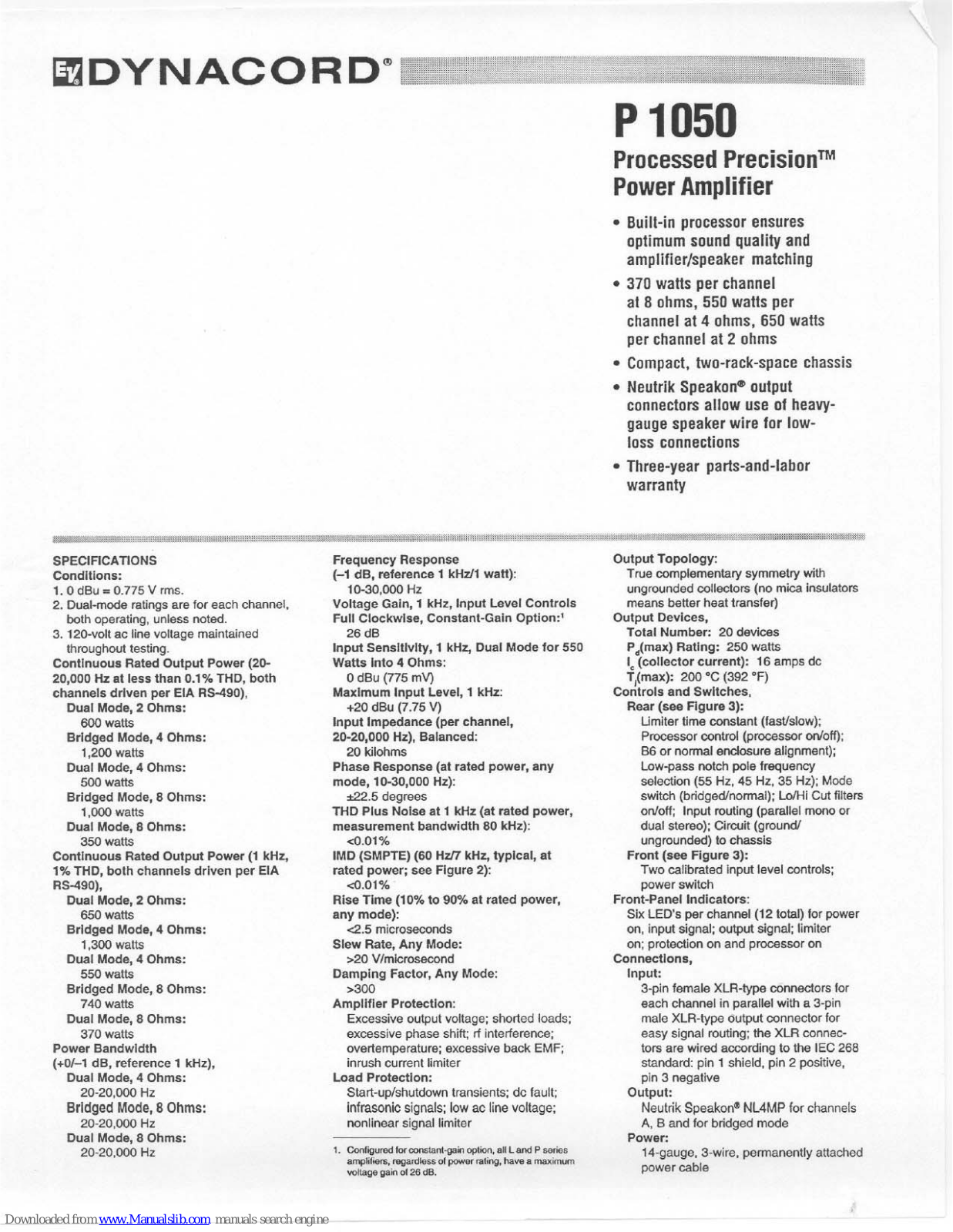 Electro-Voice Processed Precision P 1050 Specification Sheet