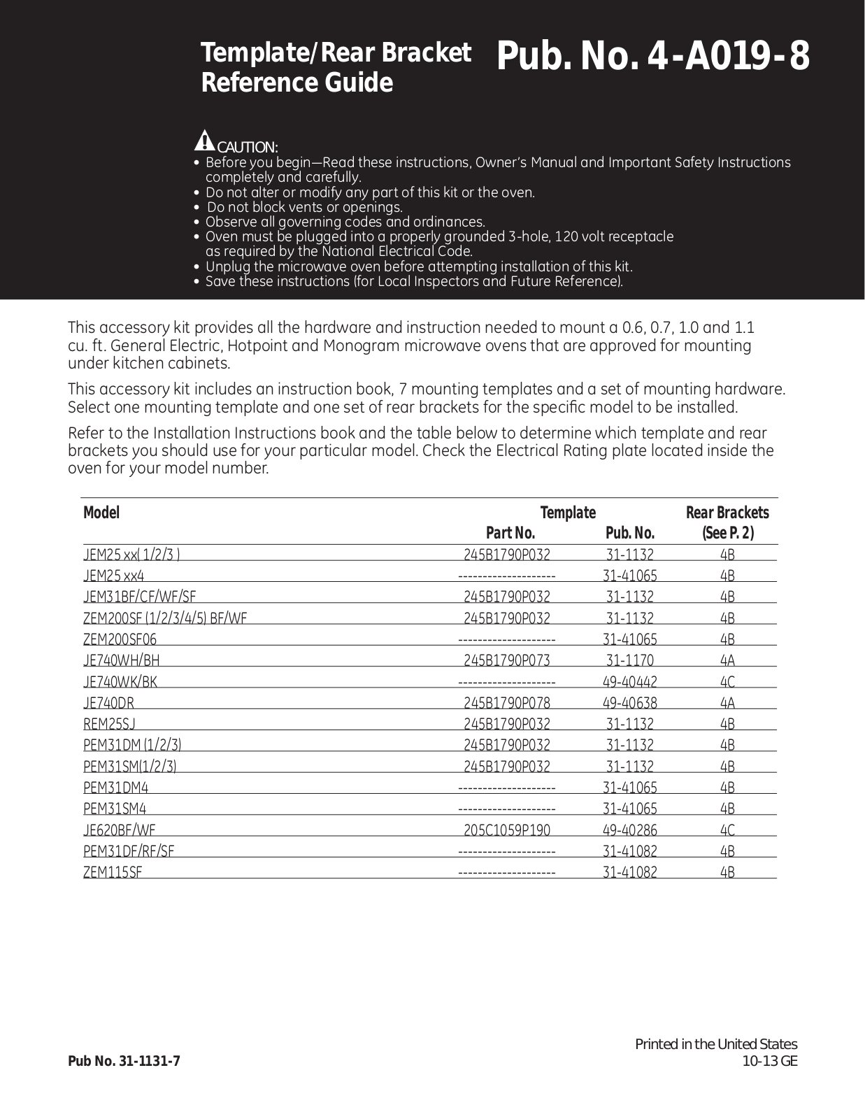 General Electric JXA019K Reference Guide