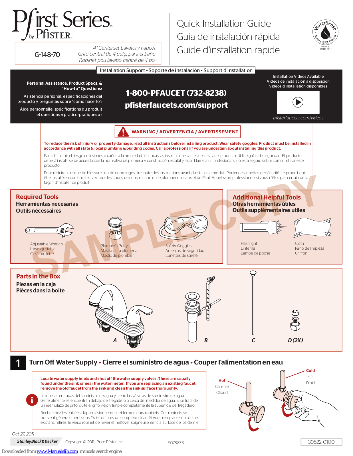 Pfister Pfirst series, Pfirst G-148-70, Bronson LG48-BS0 Installation Manual