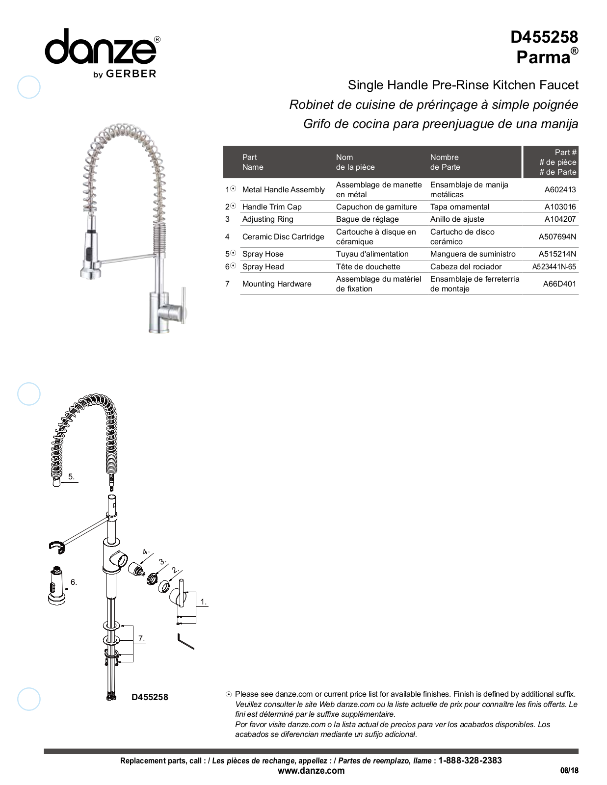 Gerber D455258, D455258SS Part List