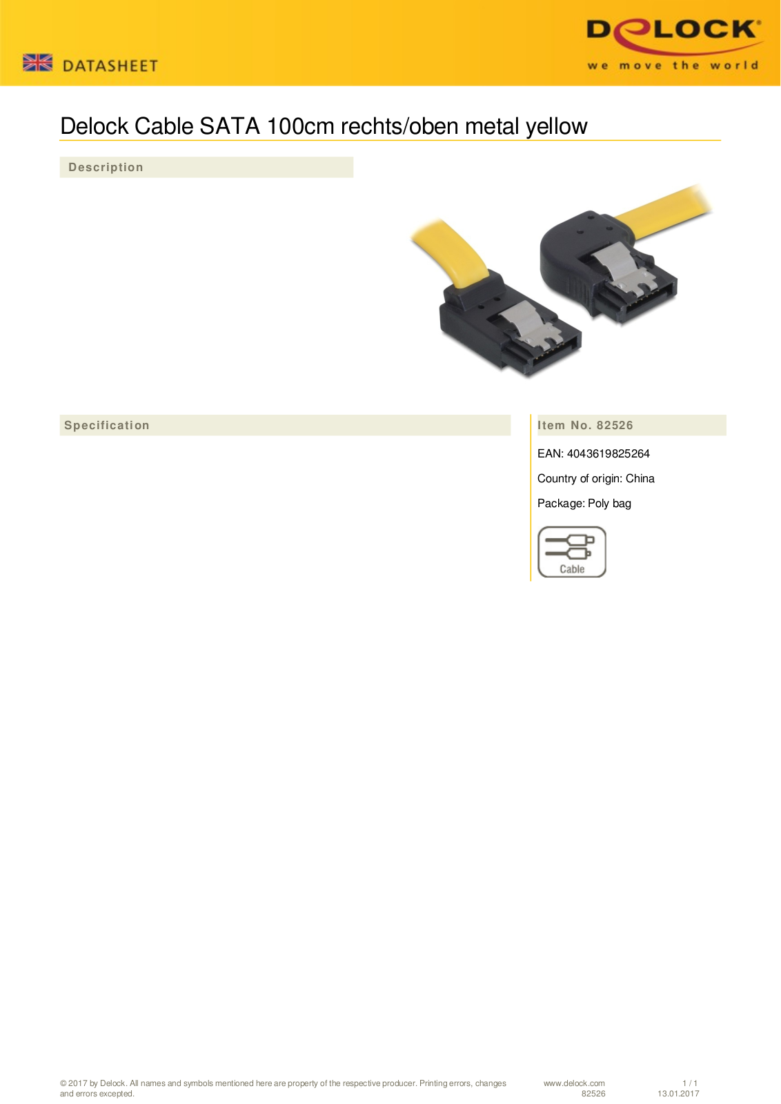 DeLOCK SATA Kabel gelb 1m mit Arretierung User Manual