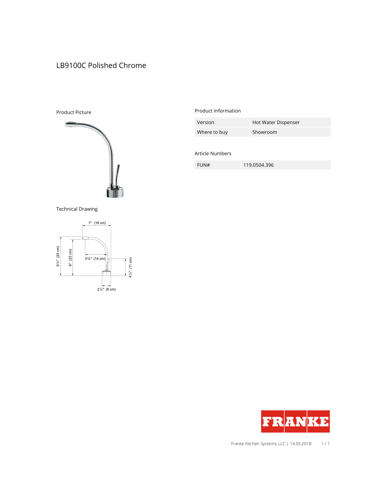 Franke LB9100C Specification Sheet