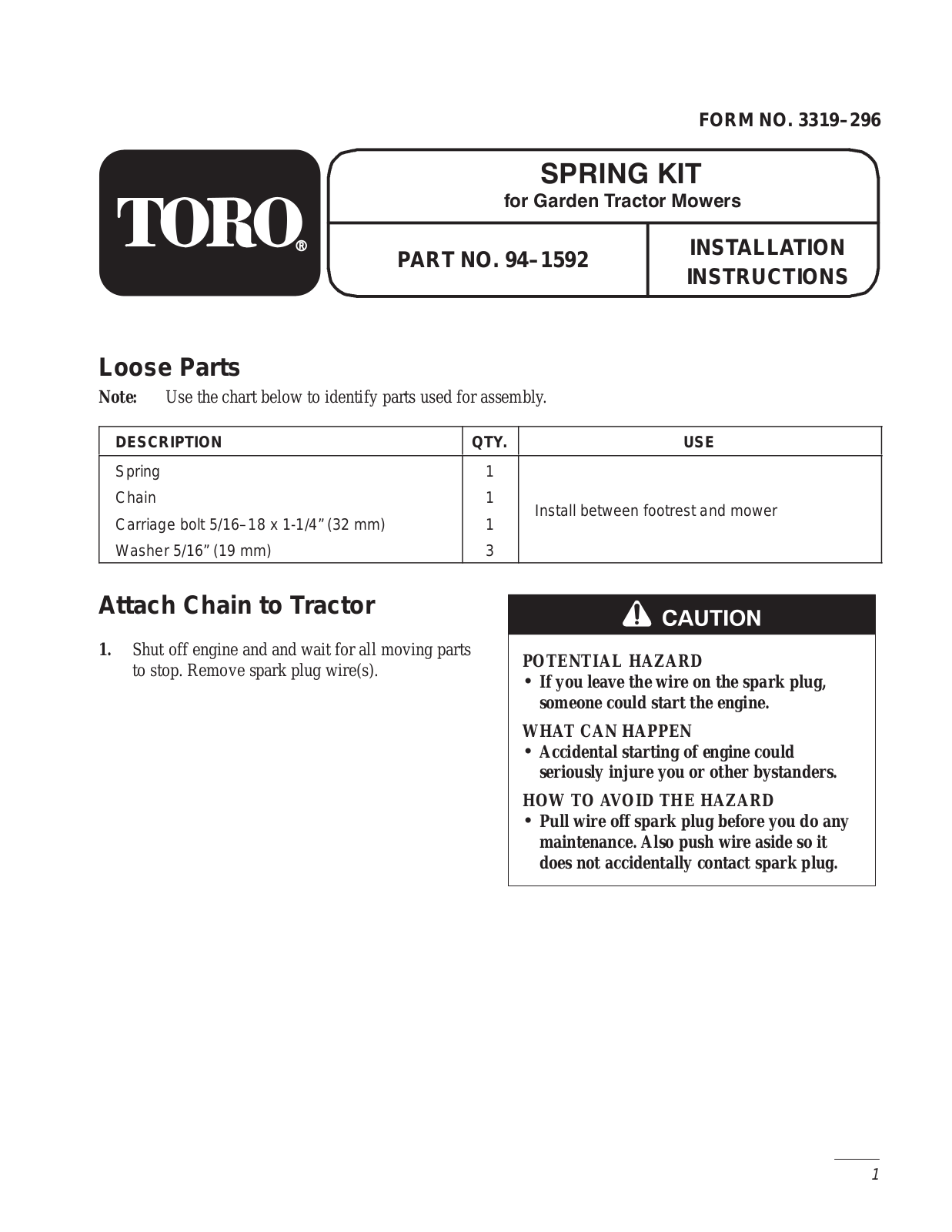 Toro 94-1592 Installation Instructions