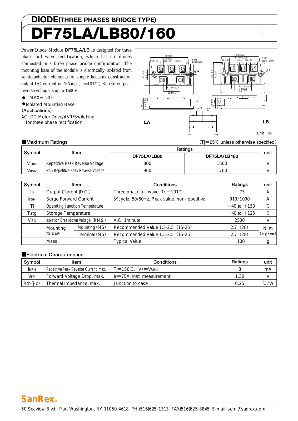 Sanrex-Sansha Electric Manufacturing DF75LA80, DF75LA160, DF75LB80, DF75LB160 Data Sheet