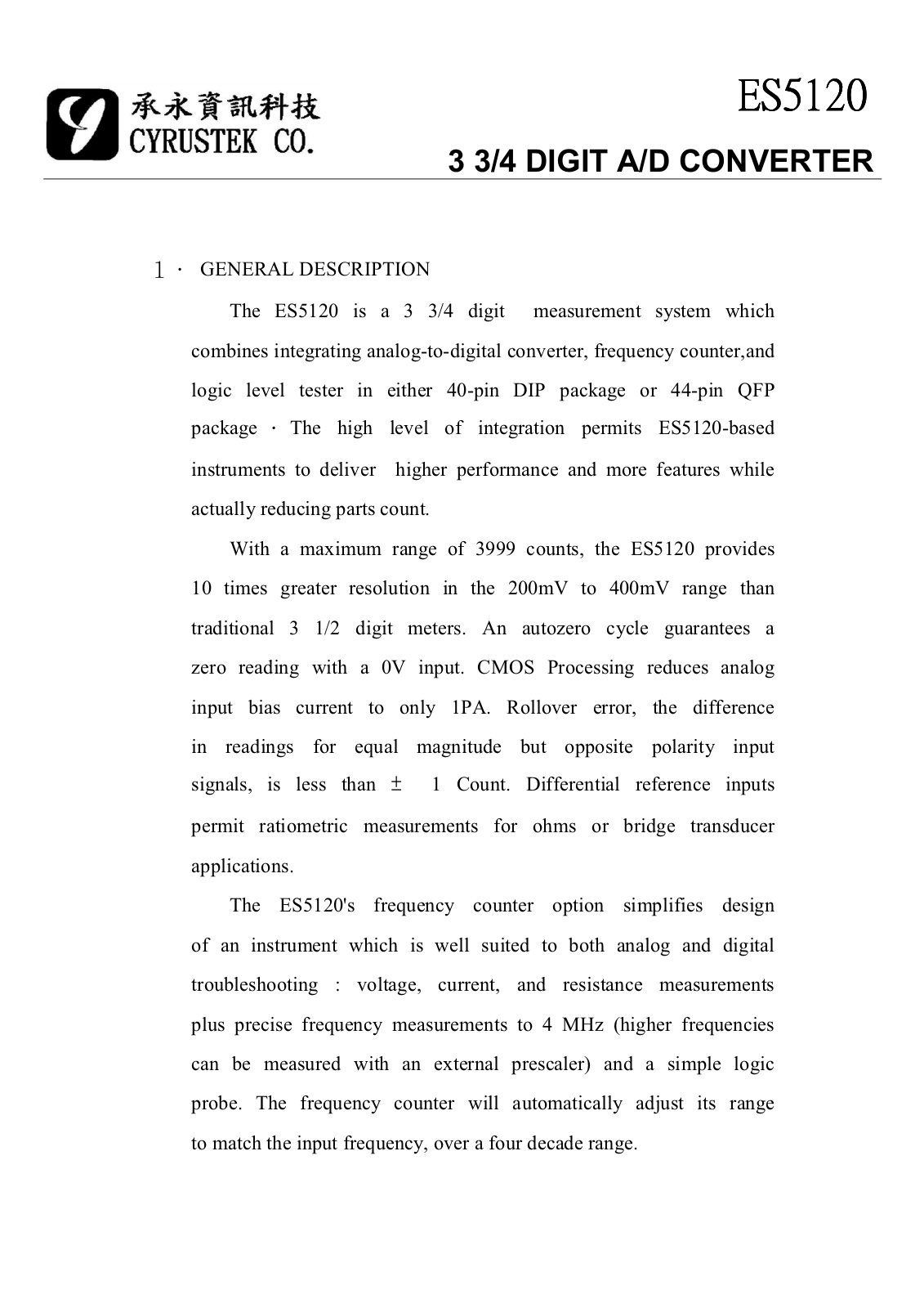 Datasheet ES5120BZ, ES5120BQ, ES5120AZ, ES5120AQ Datasheet (CYRTK) - ManualMachine.com