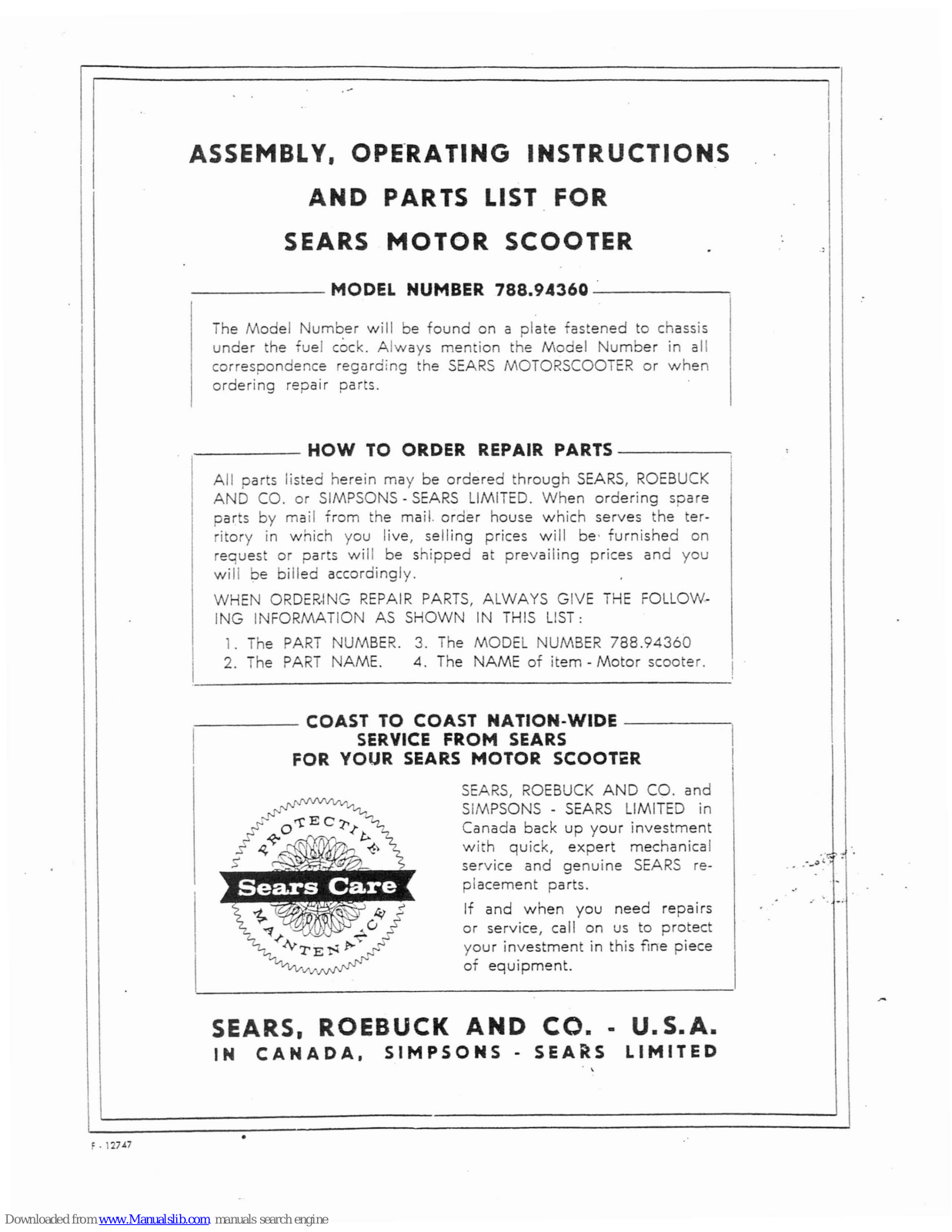 Sears 788.94360 Assembly, Operating Instructions And Parts List - ManualMachine.com