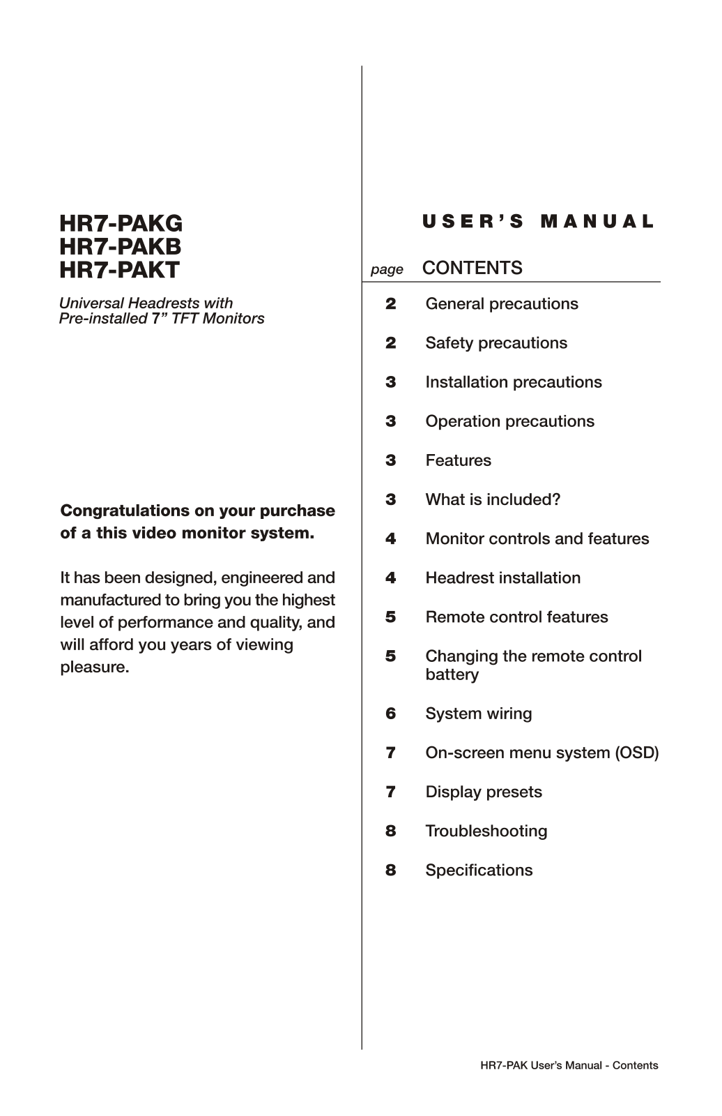 Boss Audio HR7-PAKB, HR7-PAKG, HR7-PAKT User Manual