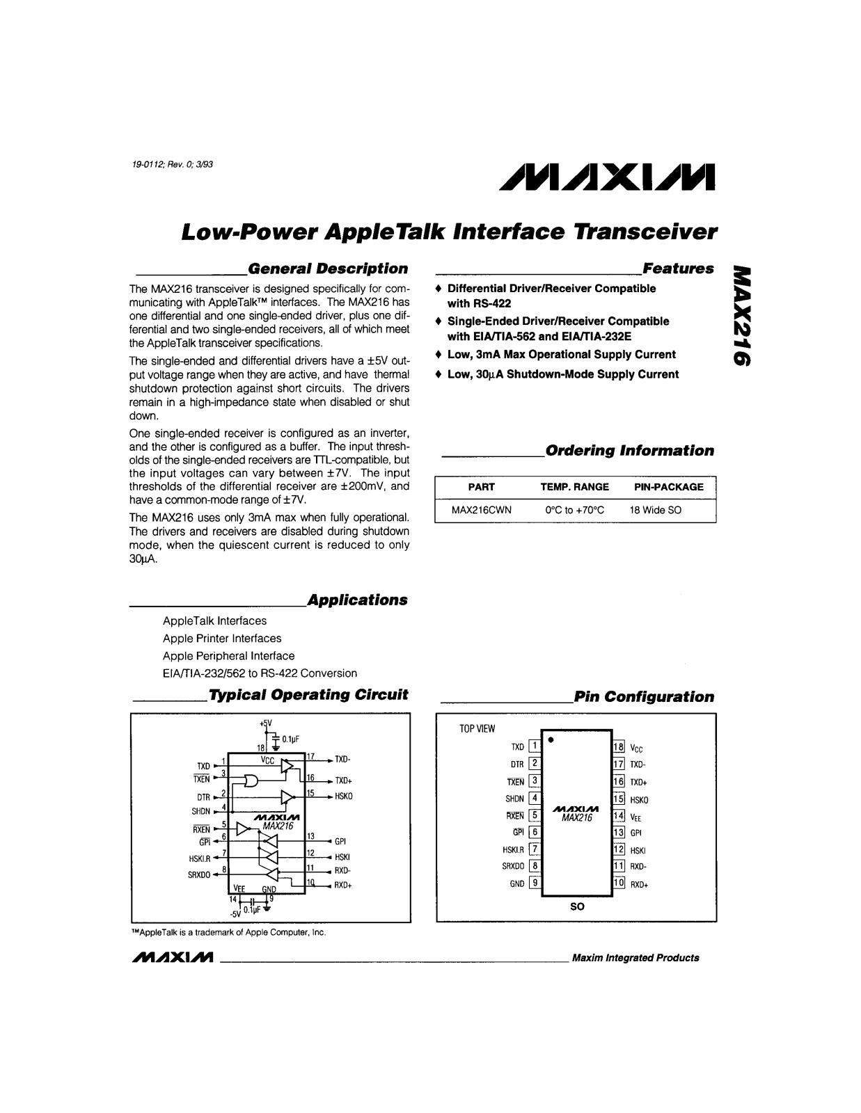 Maxim MAX216CWN Datasheet