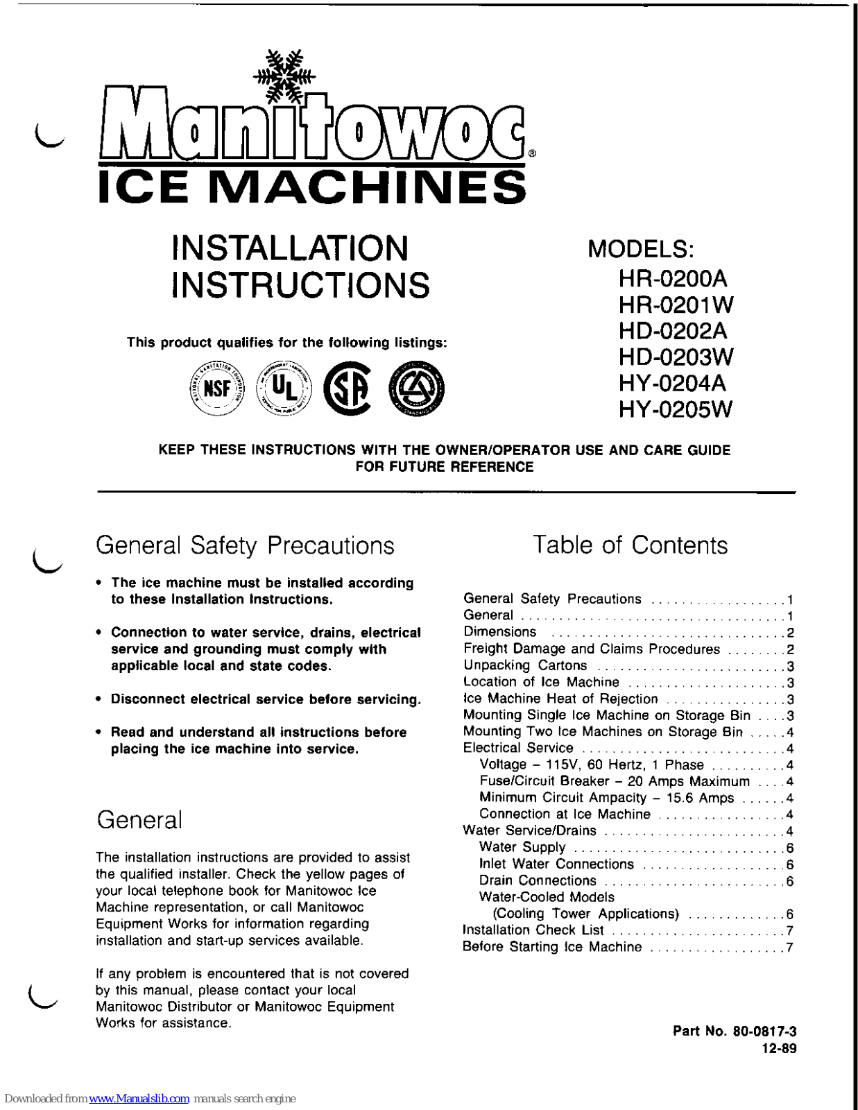 Manitowoc HR-0200A, HR-0201W, HR-0202A, HR-0203W, HR-0204A Instructions Manual