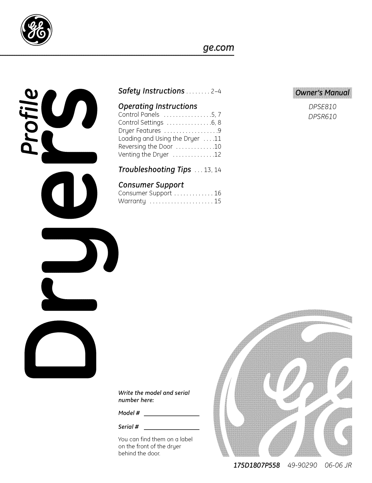 GE DPSR610EG0WT, DPSE810GG0WT, DPSE810EG7WT, DPSE810EG2WT, DPSE810EG1WT Owner’s Manual - ManualMachine.com