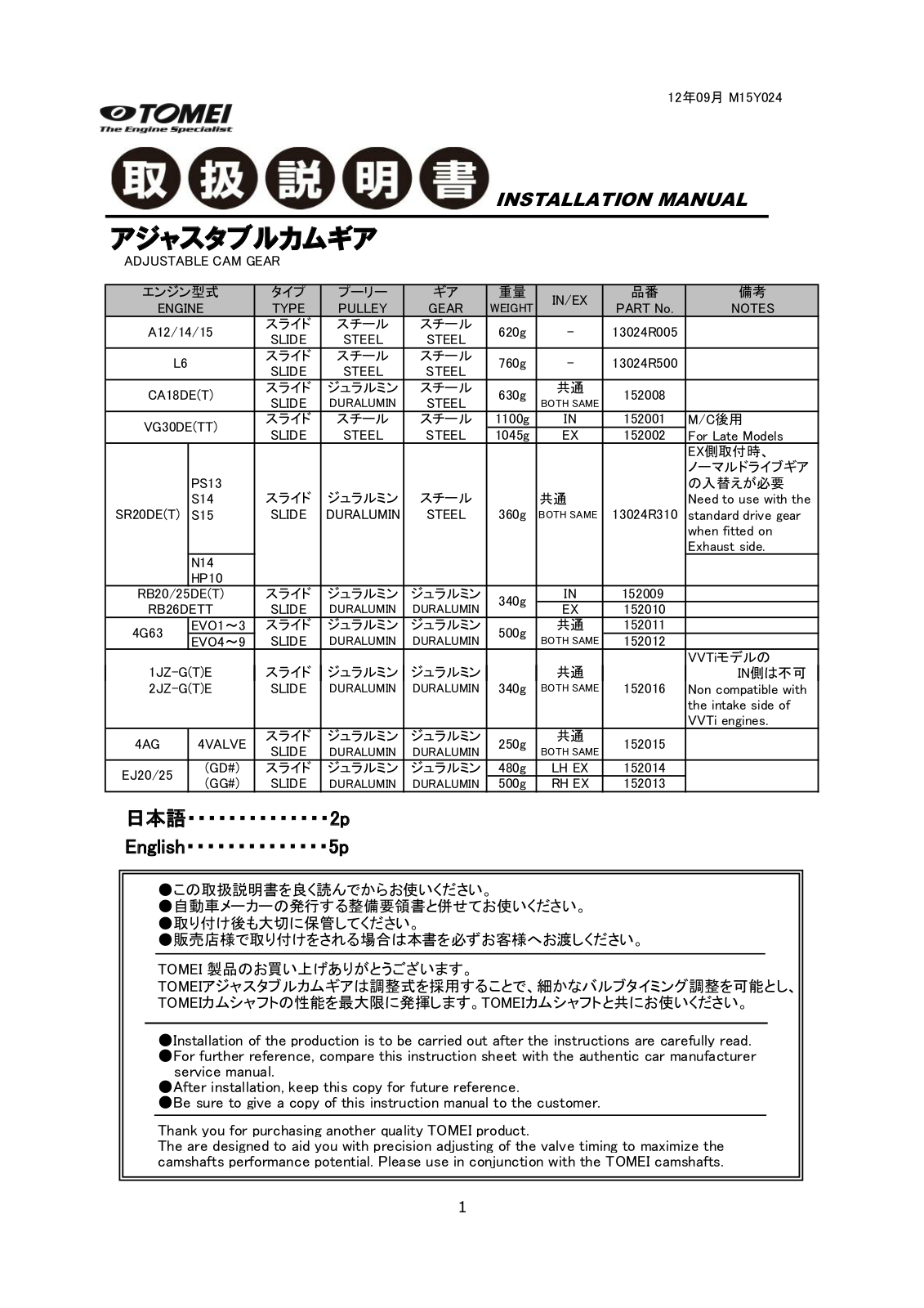 Tomei ADJUSTABLE CAM GEAR User Manual