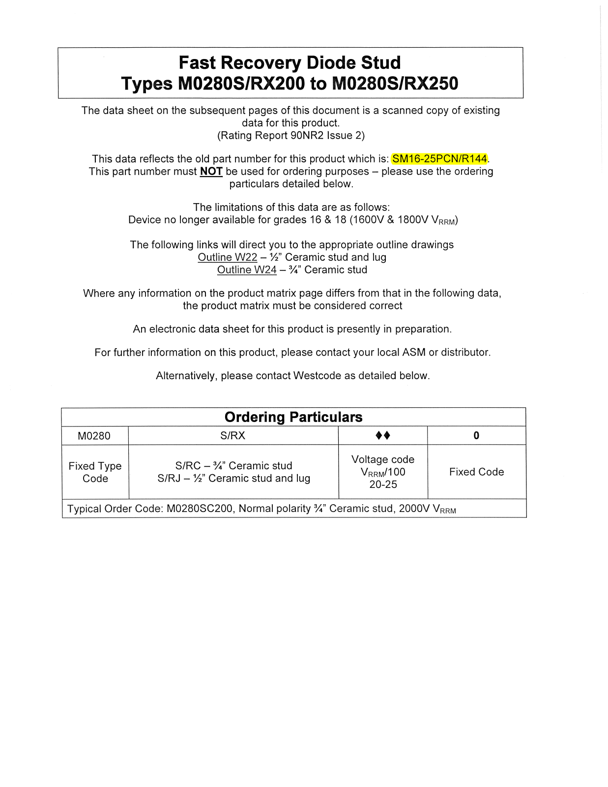 Datasheet M0280S200, M0280S250, M0280RX200, M0280RX250 Datasheet (Westcode Semiconductors) - ManualMachine.com