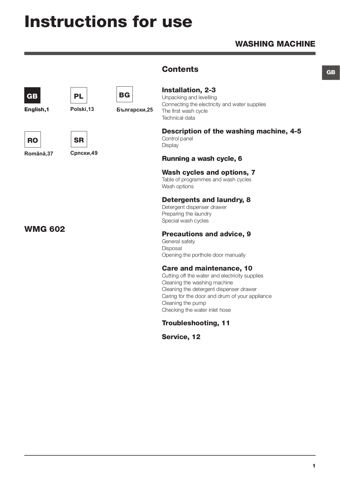 Hotpoint WMG 602 EU, WMD 722B EU Operating Instructions