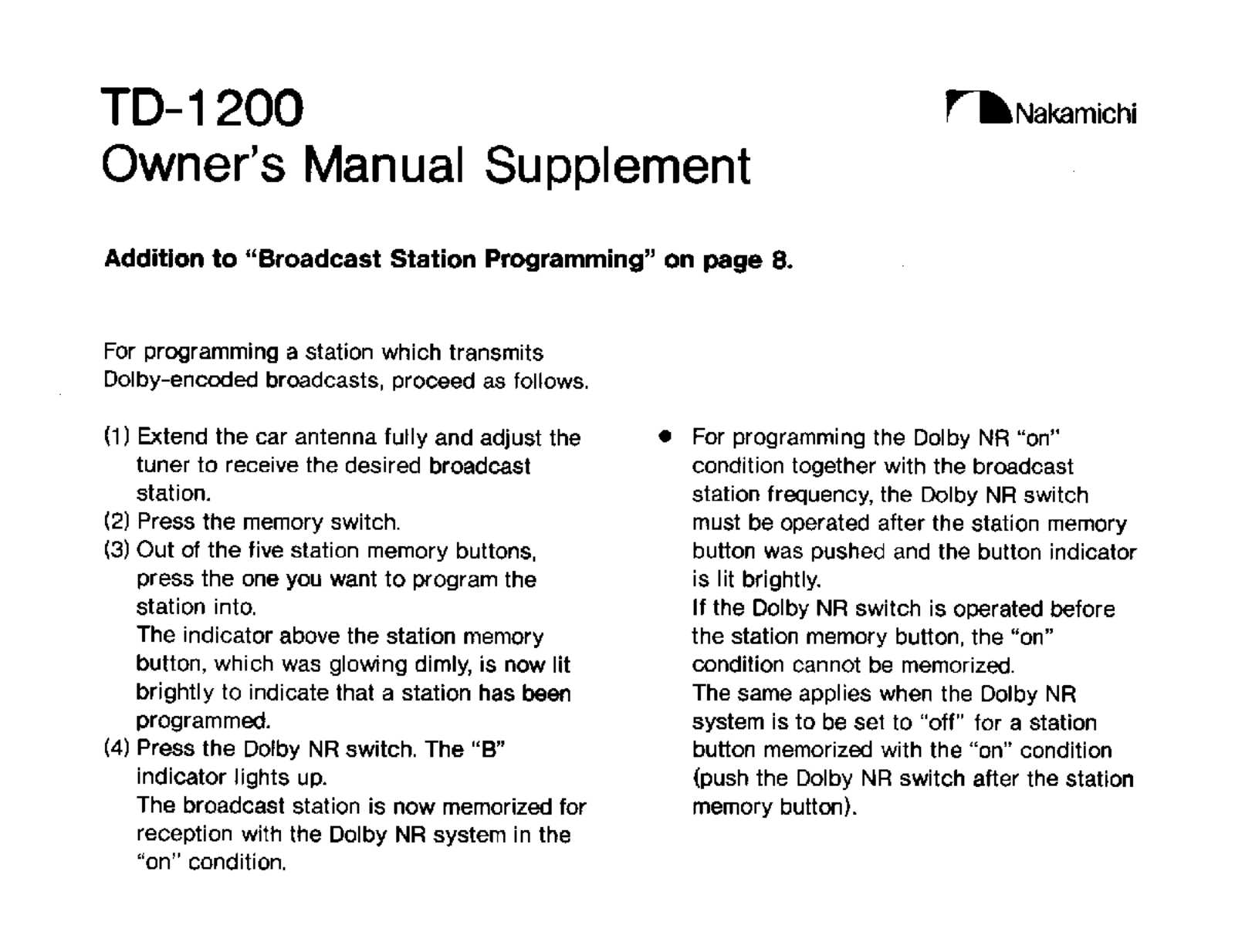 Nakamichi TD-1200 Owners manual