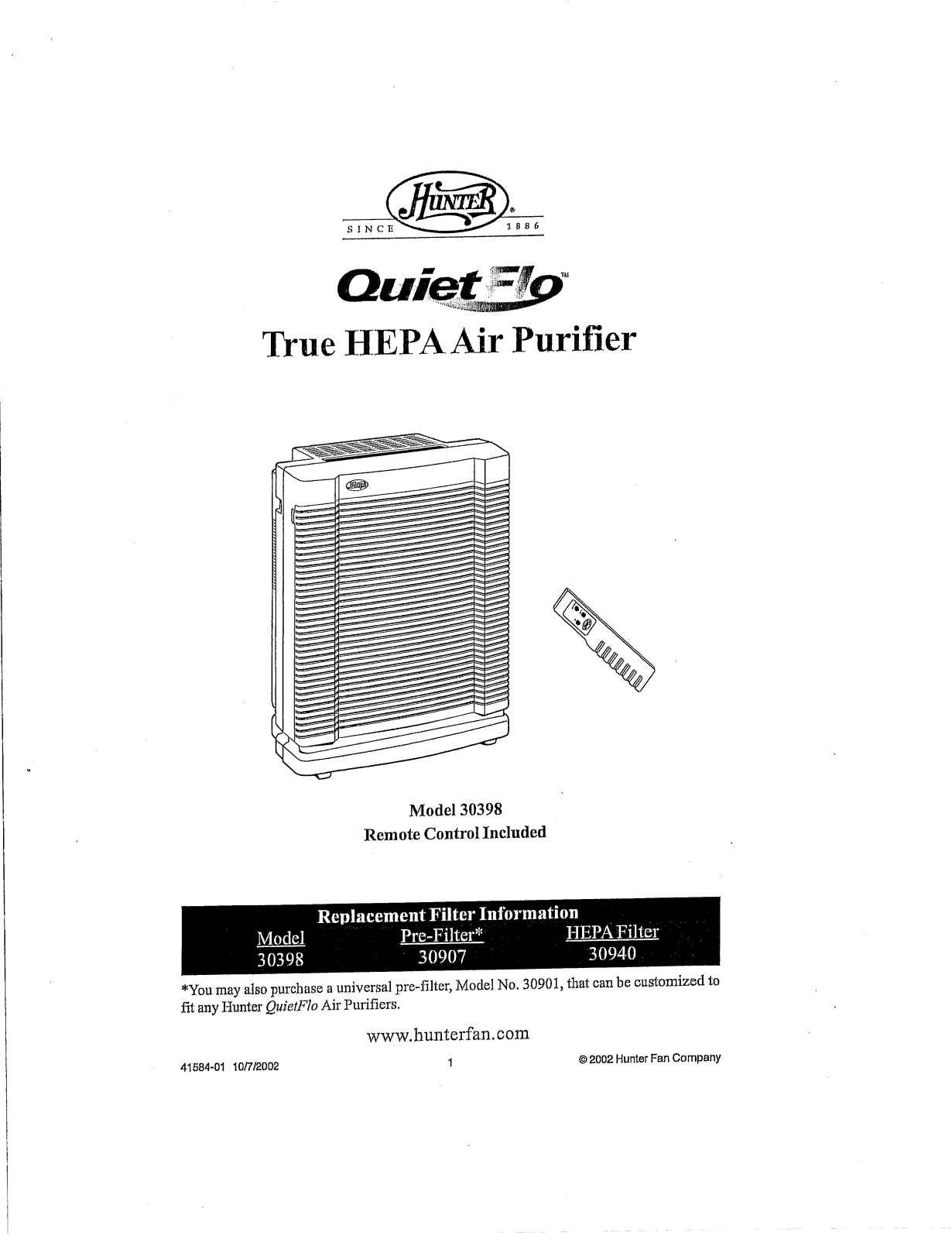 Hunter Hr30398, 30398 Owner's Manual