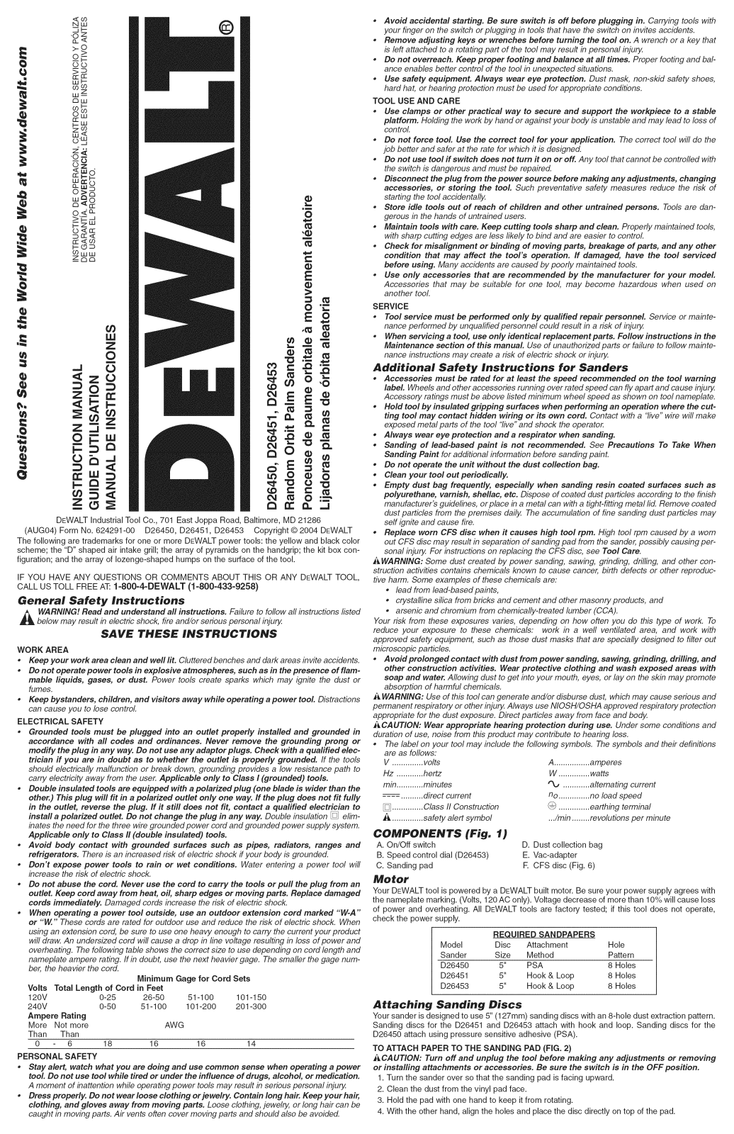 DeWalt D26453 TYPE 1, D26451 TYPE 1 Owner’s Manual