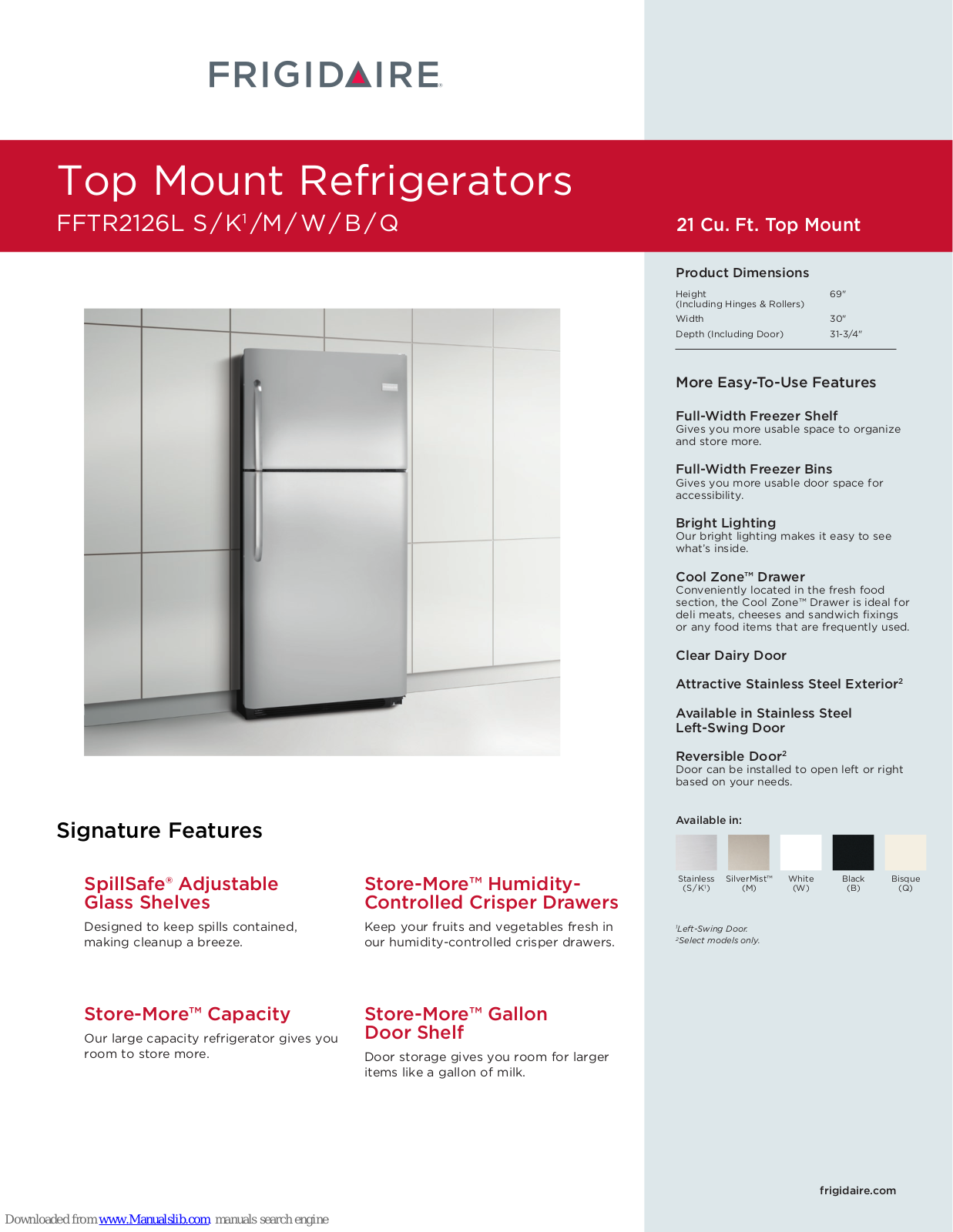 Frigidaire FFTR2126LS, FFTR2126LK, FFTR2126LM, FFTR2126LW, FFTR2126LB Specifications - ManualMachine.com