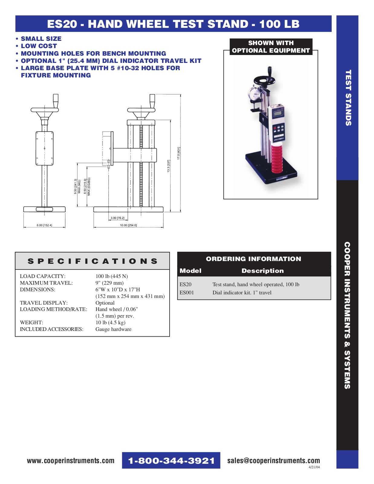 Cooper Instruments ES 20 Specifications