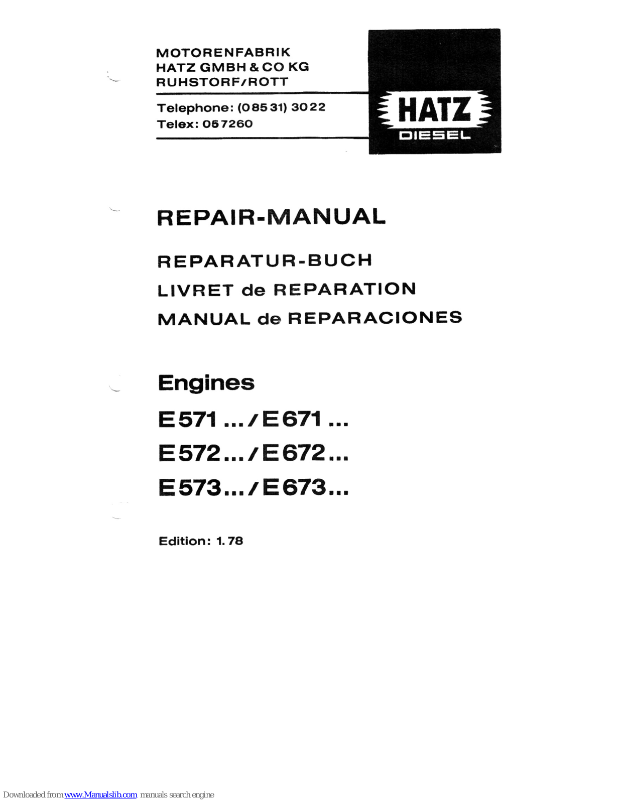 Hatz Diesel E 571, E 572, E 672, E 673, E 573 Repair Manual