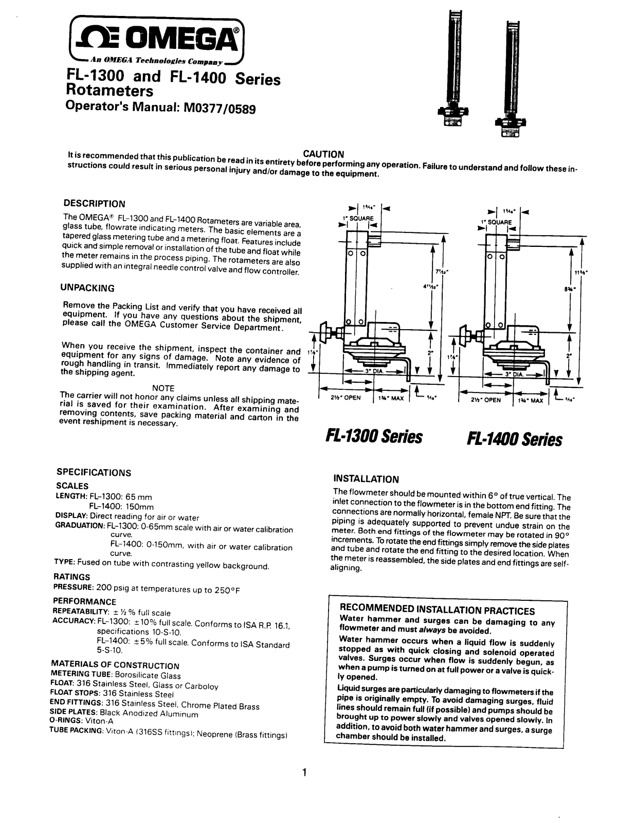 Omega Products FL-1300 Installation  Manual