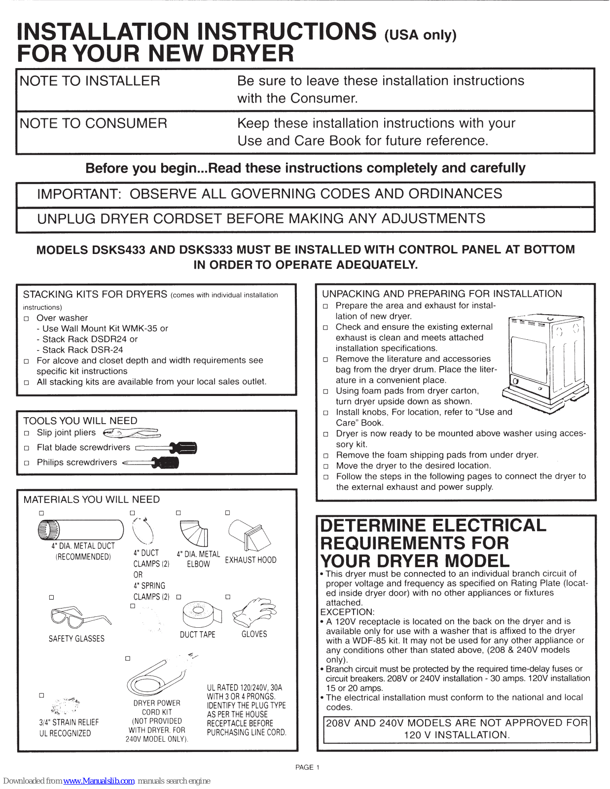 GE DSKS333EC, DSKS433EB, DSKS333, DSKS433 Installation Instructions Manual