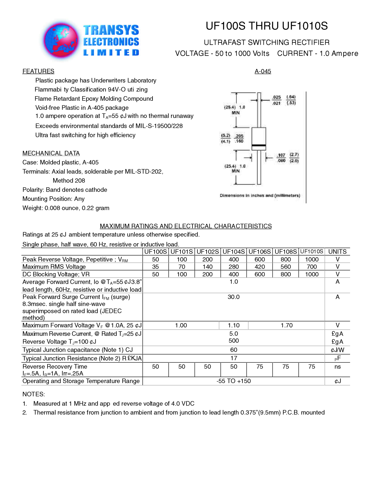 TEL UF106S, UF100S, UF101S, UF104S, UF102S Datasheet