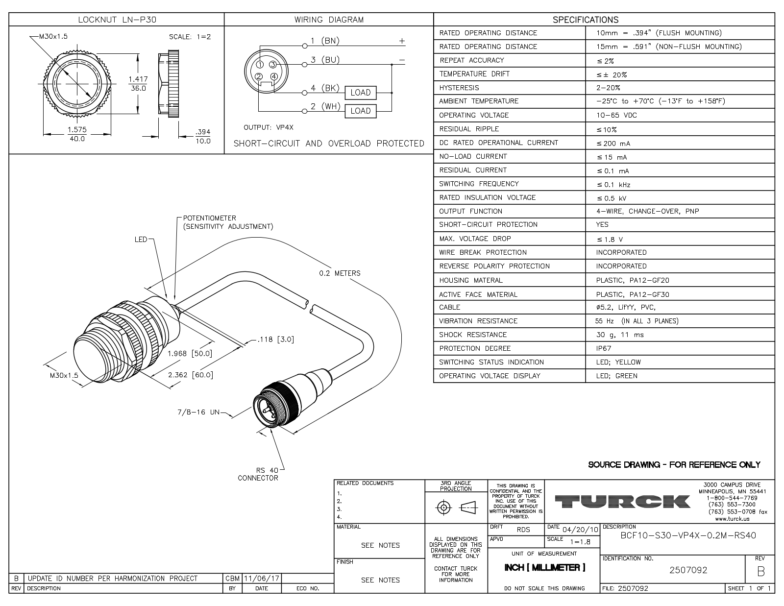 Turck BCF10-S30-VP4X-0.2-RS40 Data Sheet